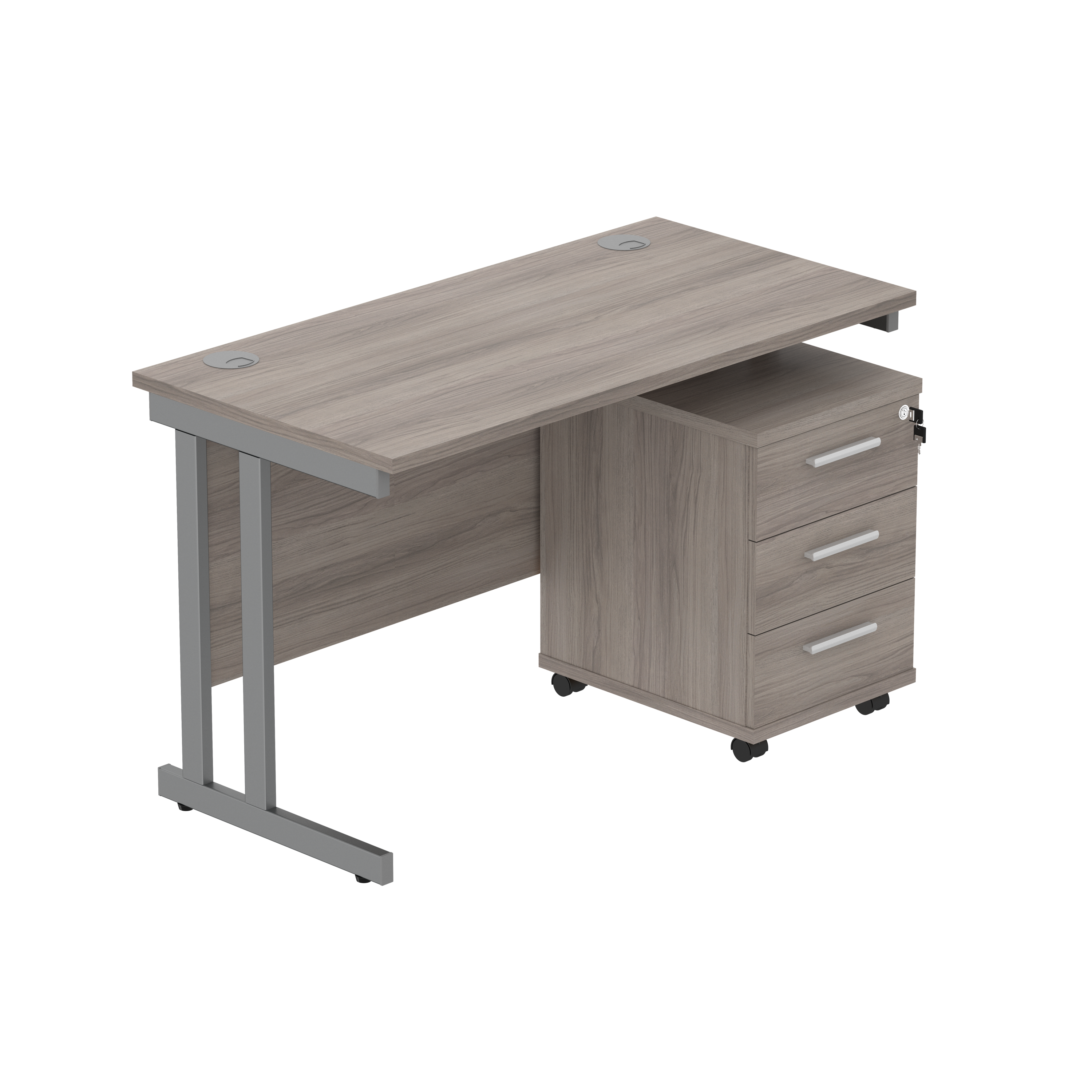 Double Upright Rectangular Desk + 3 Drawer Mobile Under Desk Pedestal (FSC) | 1200X600 | Alaskan Grey Oak/Graphite