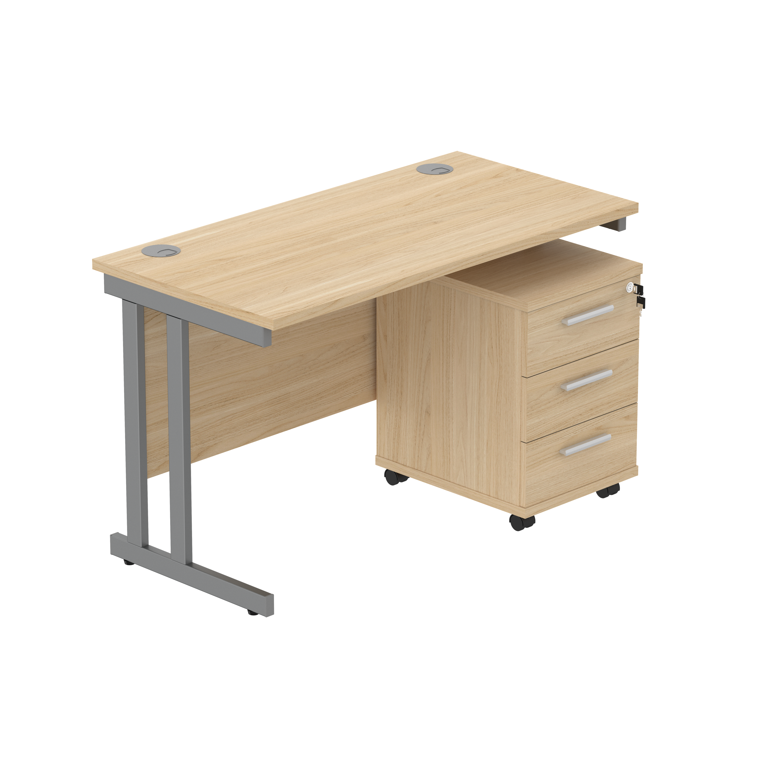 Double Upright Rectangular Desk + 3 Drawer Mobile Under Desk Pedestal (FSC) | 1200X600 | Canadian Oak/Graphite