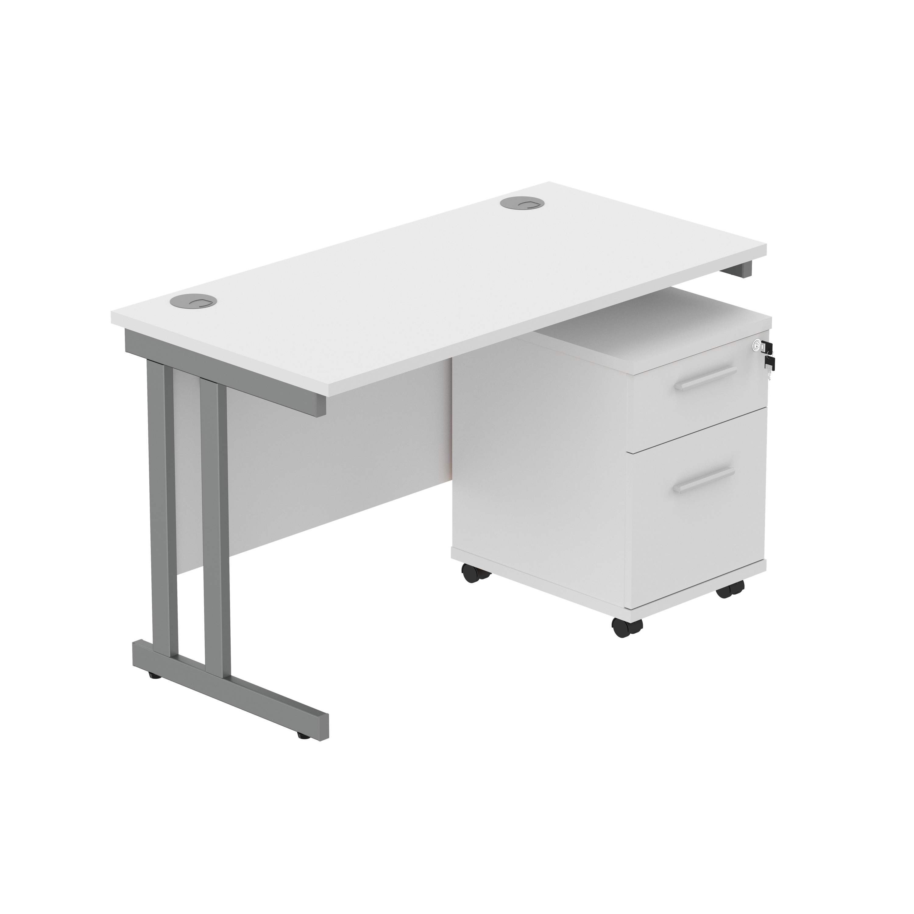 Double Upright Rectangular Desk + 2 Drawer Mobile Under Desk Pedestal (FSC) | 1200X600 | Arctic White/Graphite