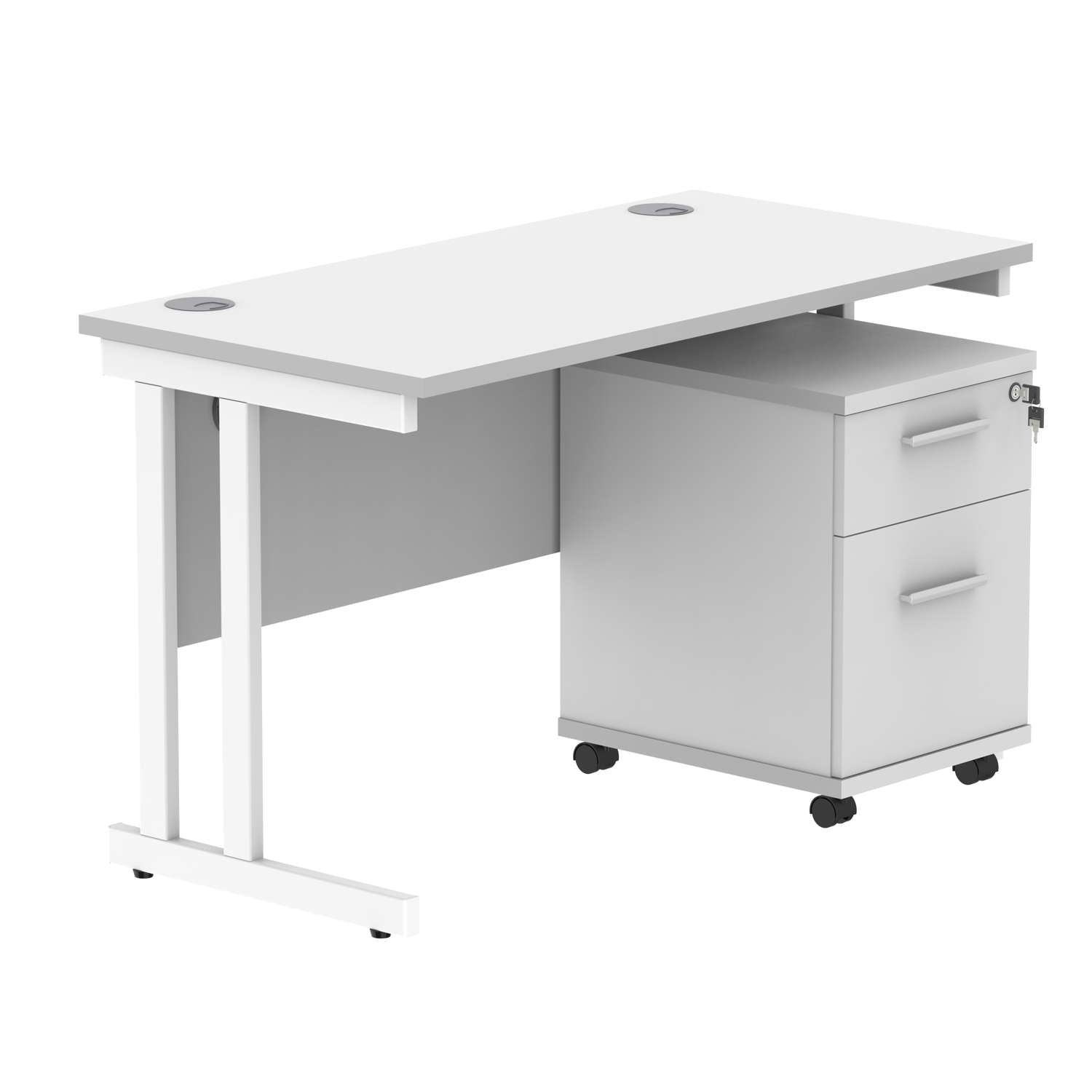 Double Upright Rectangular Desk + 2 Drawer Mobile Under Desk Pedestal (FSC) | 1200X600 | Arctic White/White