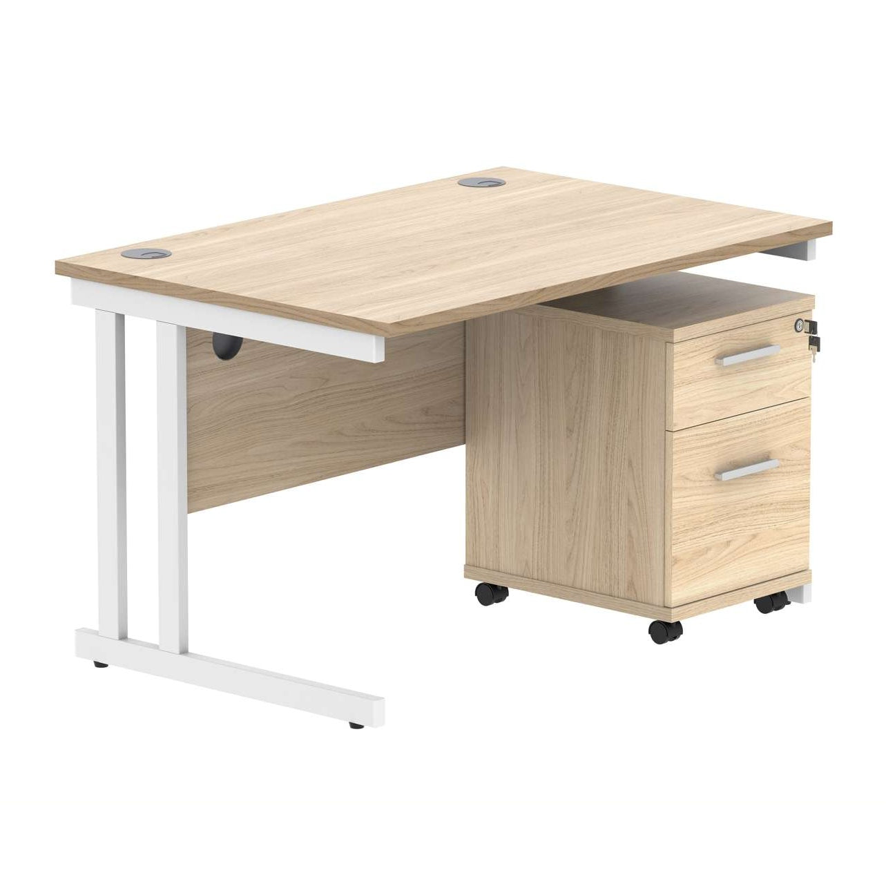 Double Upright Rectangular Desk + 2 Drawer Mobile Under Desk Pedestal (FSC)