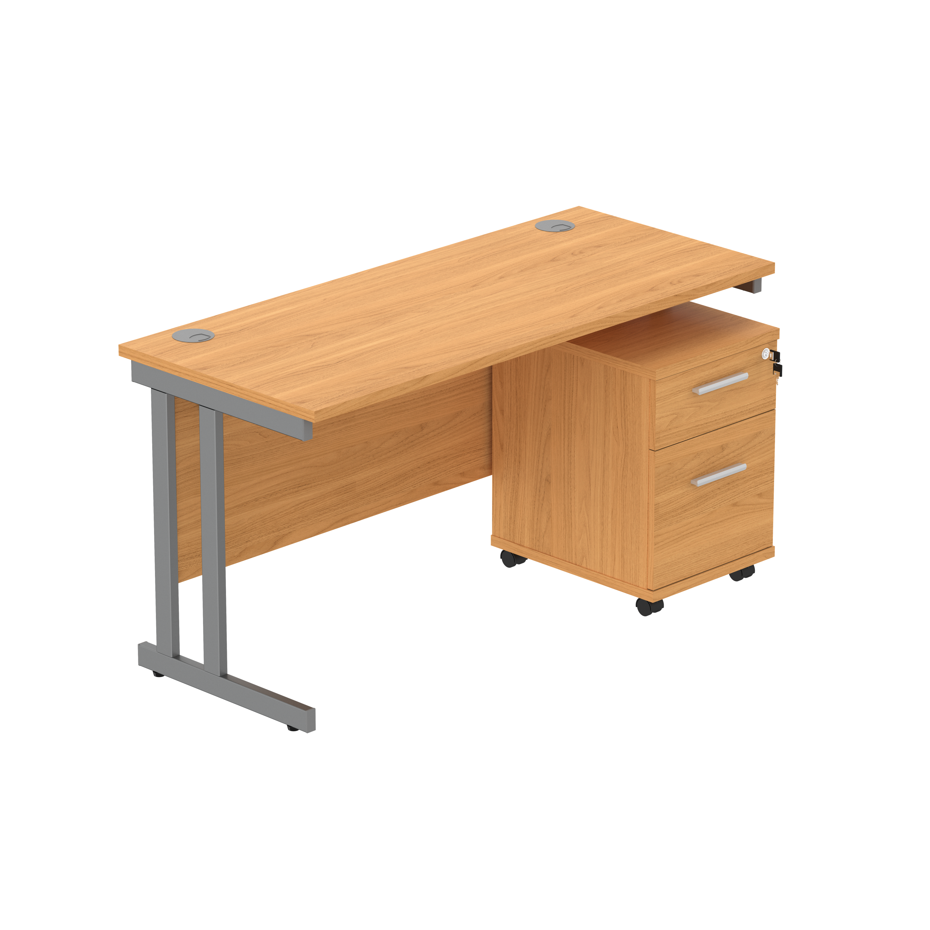 Double Upright Rectangular Desk + 2 Drawer Mobile Under Desk Pedestal (FSC) | 1400X600 | Norwegian Beech/Graphite