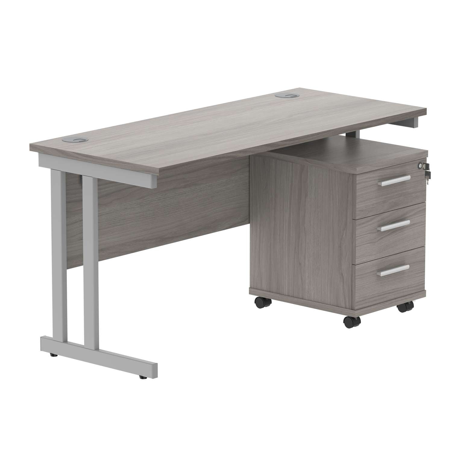 Double Upright Rectangular Desk + 3 Drawer Mobile Under Desk Pedestal (FSC) | 1400X600 | Alaskan Grey Oak/Silver