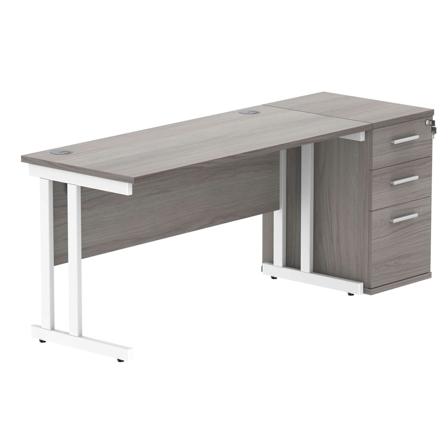 Double Upright Rectangular Desk + Desk High Pedestal (FSC) | 1400X600 | Alaskan Grey Oak/White