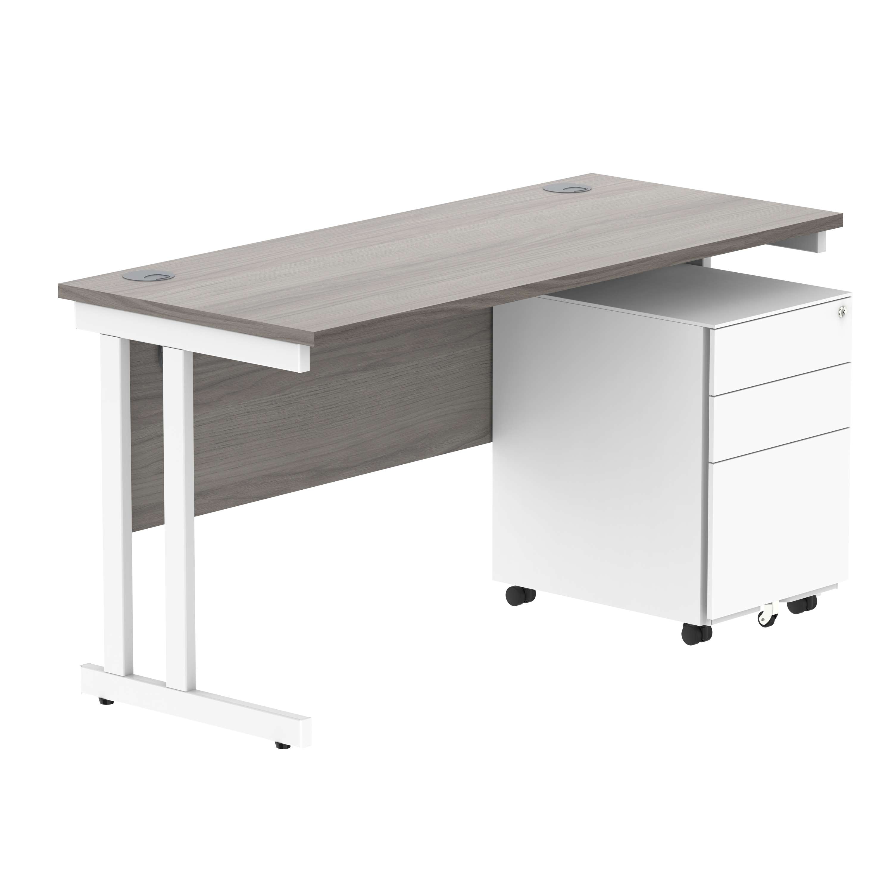 Double Upright Rectangular Desk + Under Desk Steel Pedestal 3 Drawers (FSC) | 1400X600 | Alaskan Grey Oak/White