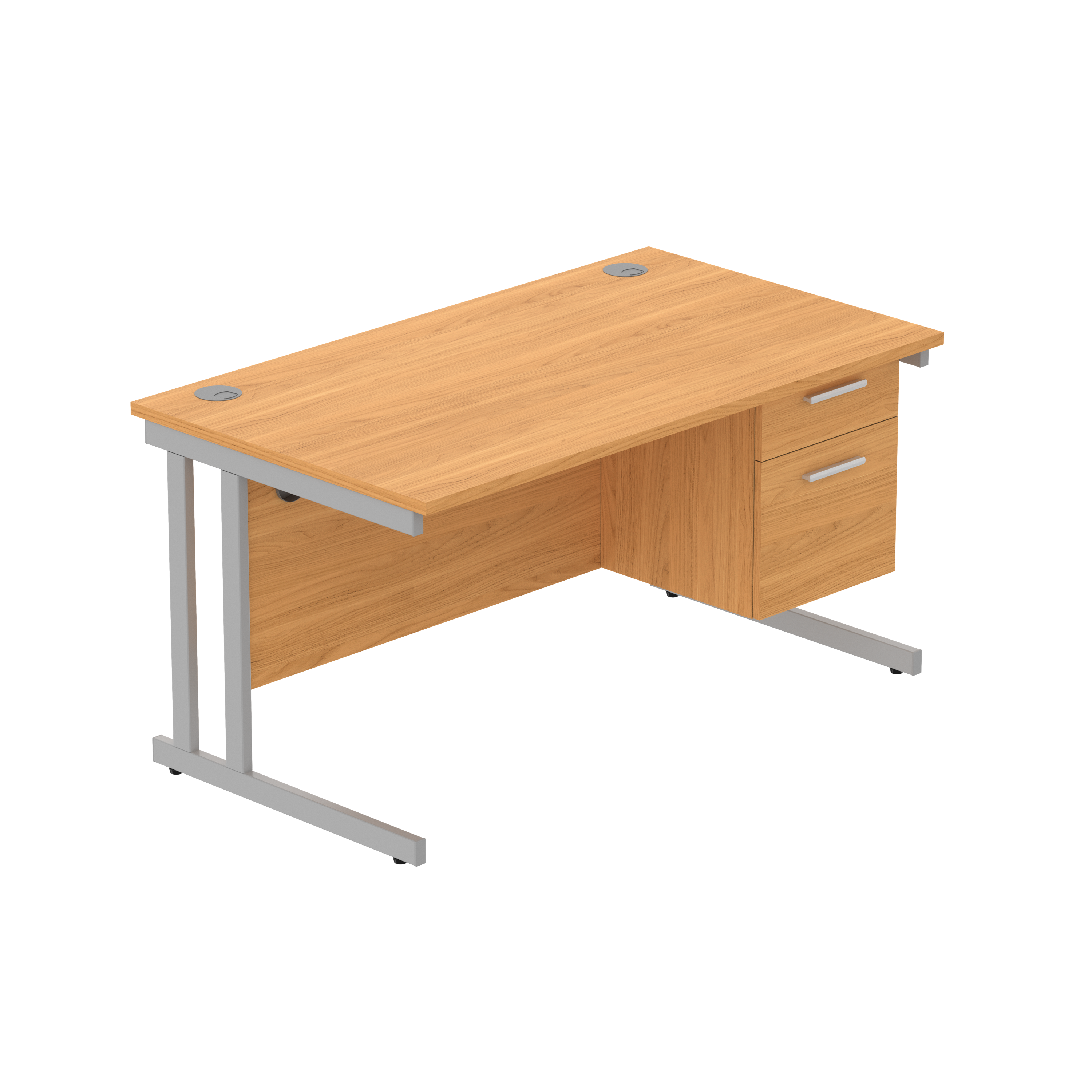 Office Rectangular Desk with Steel Double Upright Cantilever Legs + 2 Drawer Fixed Pedestal (FSC) | 1400X800 | Norwegian Beech/Silver