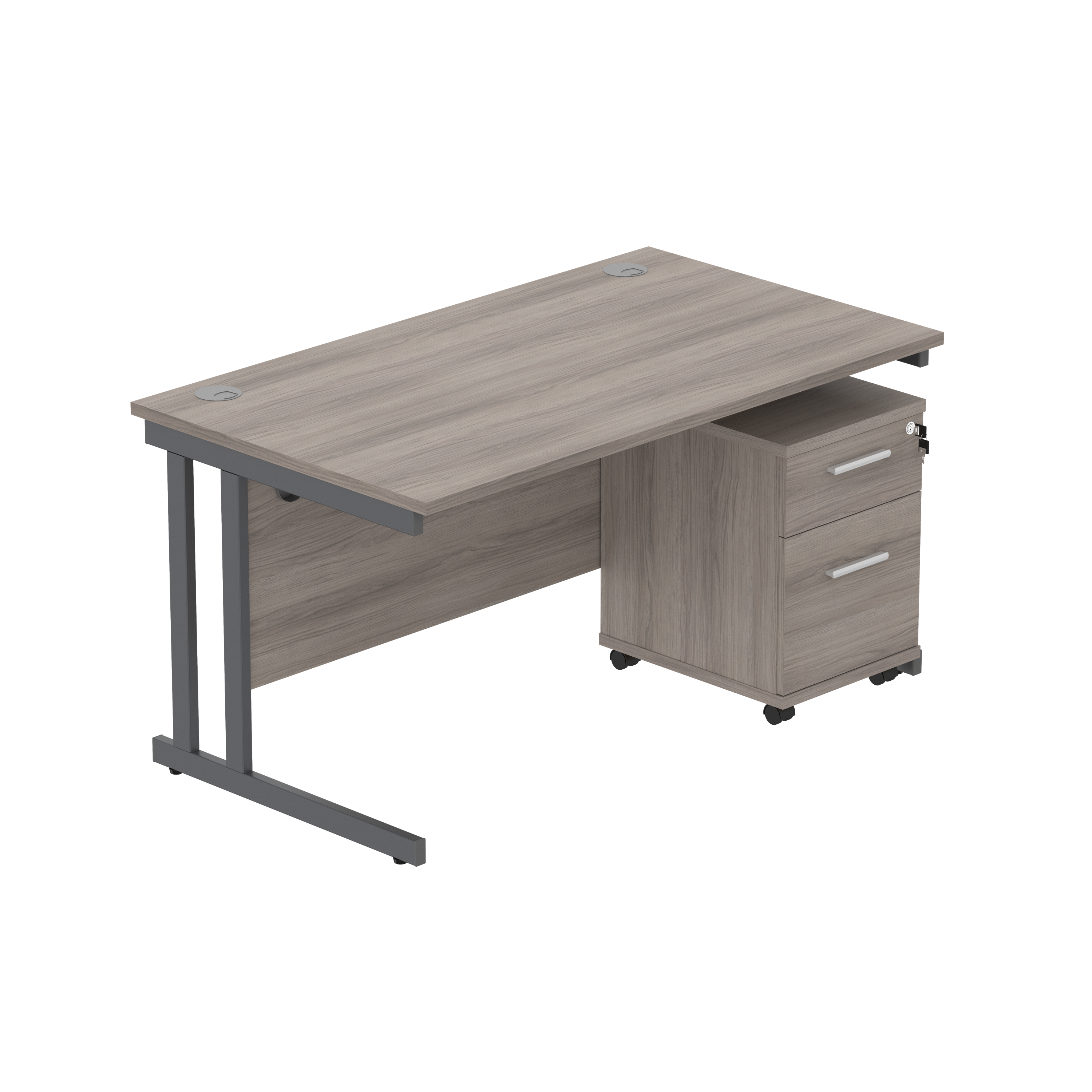 Double Upright Rectangular Desk + 2 Drawer Mobile Under Desk Pedestal (FSC) | 1400X800 | Alaskan Grey Oak/Graphite