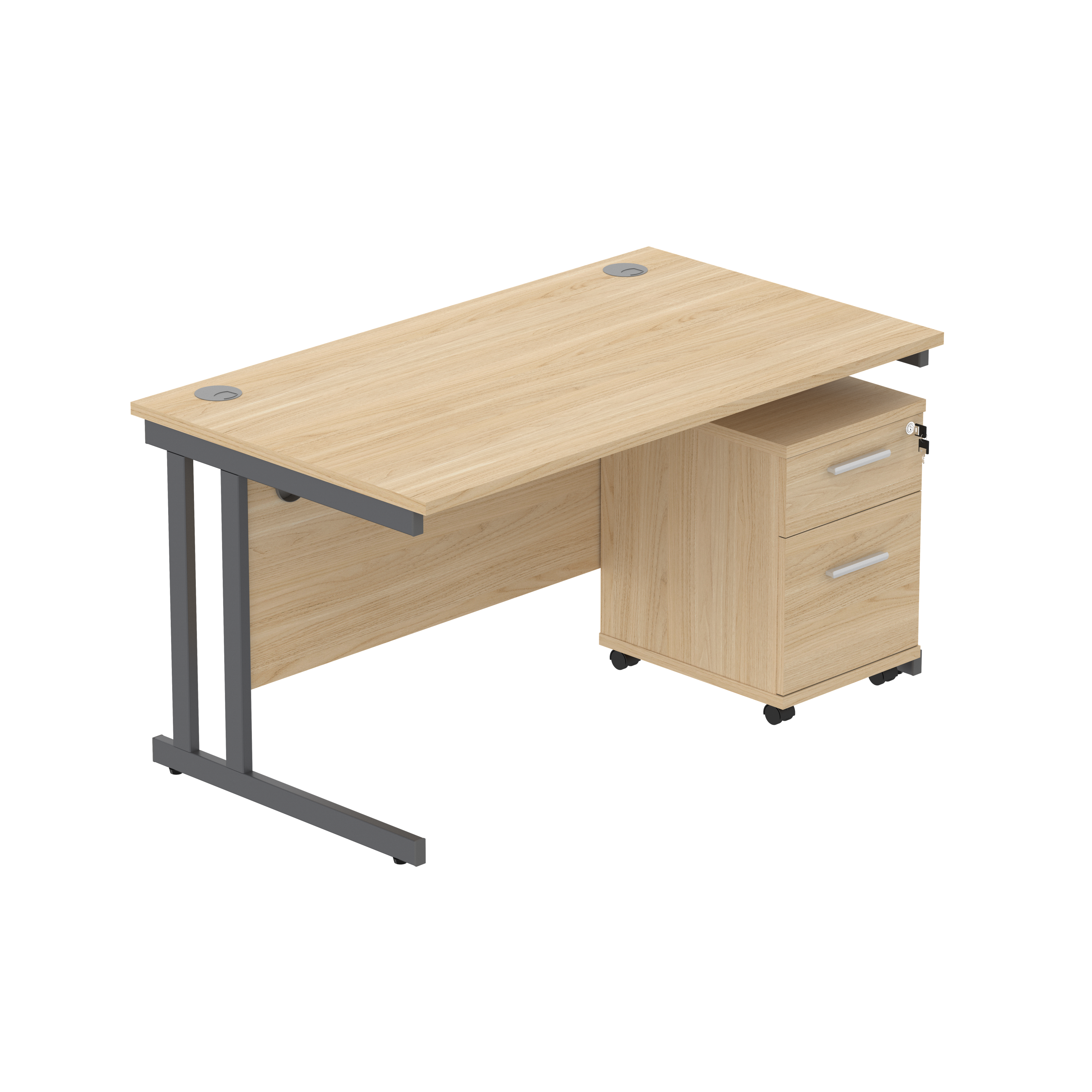 Double Upright Rectangular Desk + 2 Drawer Mobile Under Desk Pedestal (FSC) | 1400X800 | Canadian Oak/Graphite
