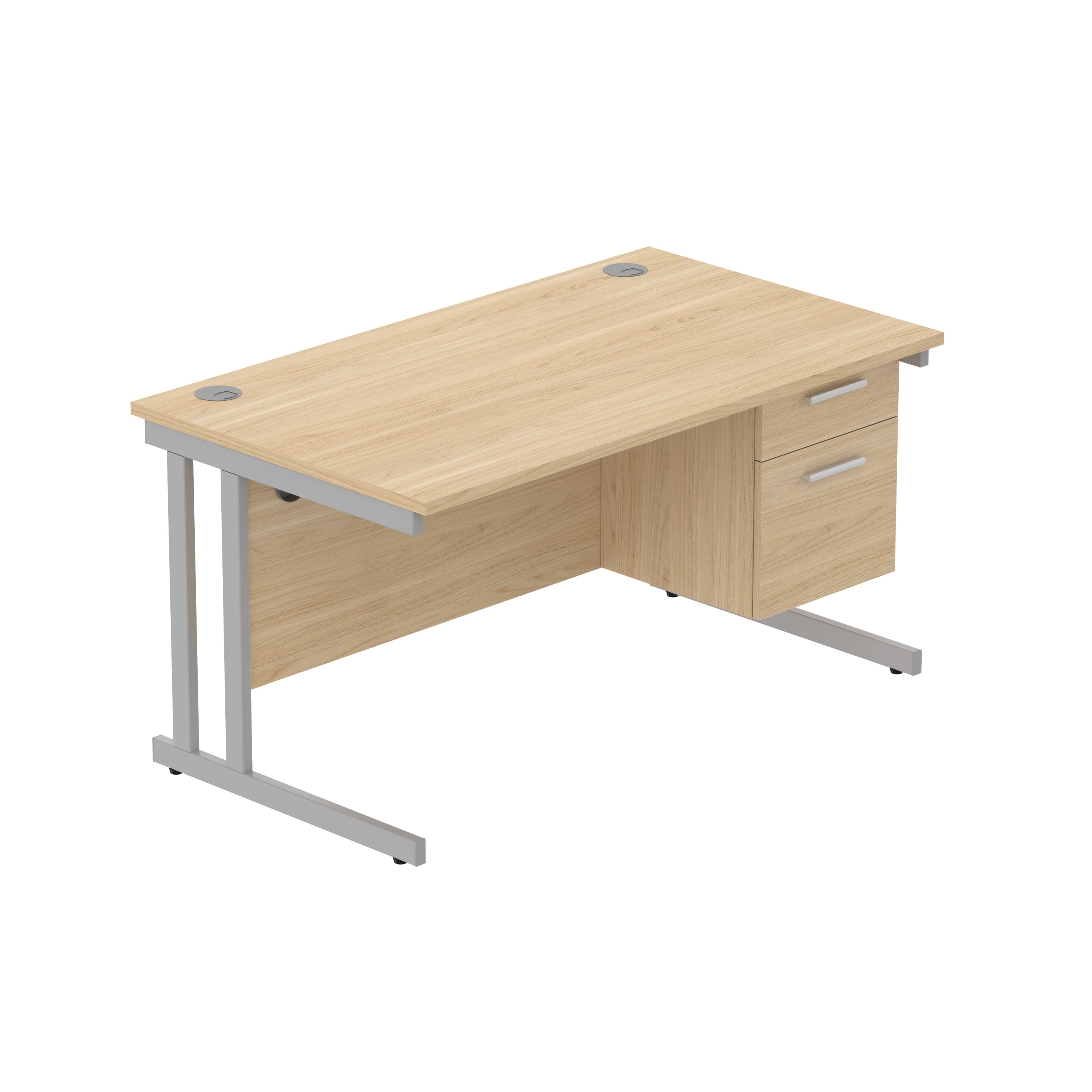 Office Rectangular Desk with Steel Double Upright Cantilever Legs + 2 Drawer Fixed Pedestal (FSC) | 1400X800 | Canadian Oak/Silver