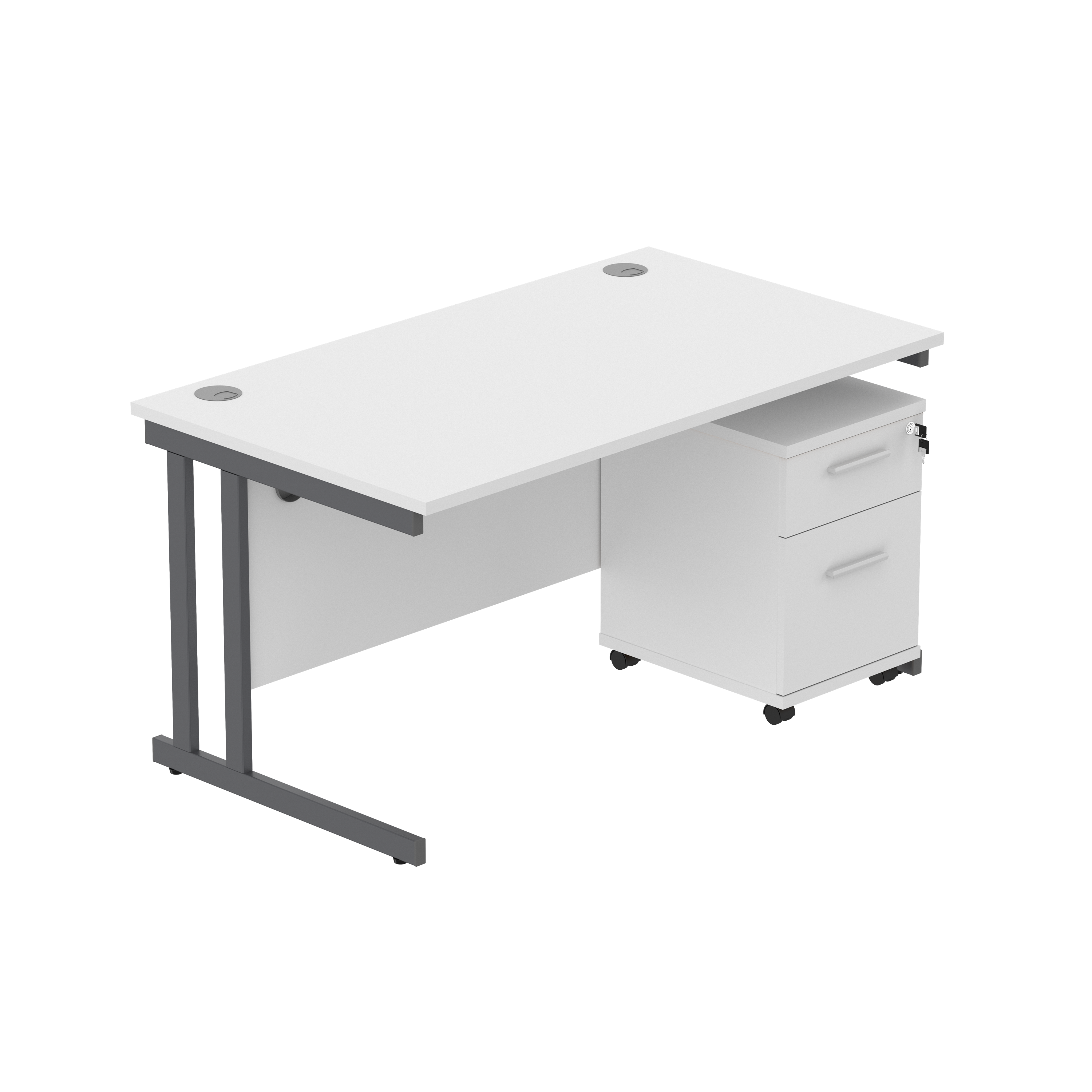 Double Upright Rectangular Desk + 2 Drawer Mobile Under Desk Pedestal (FSC) | 1400X800 | Arctic White/Graphite