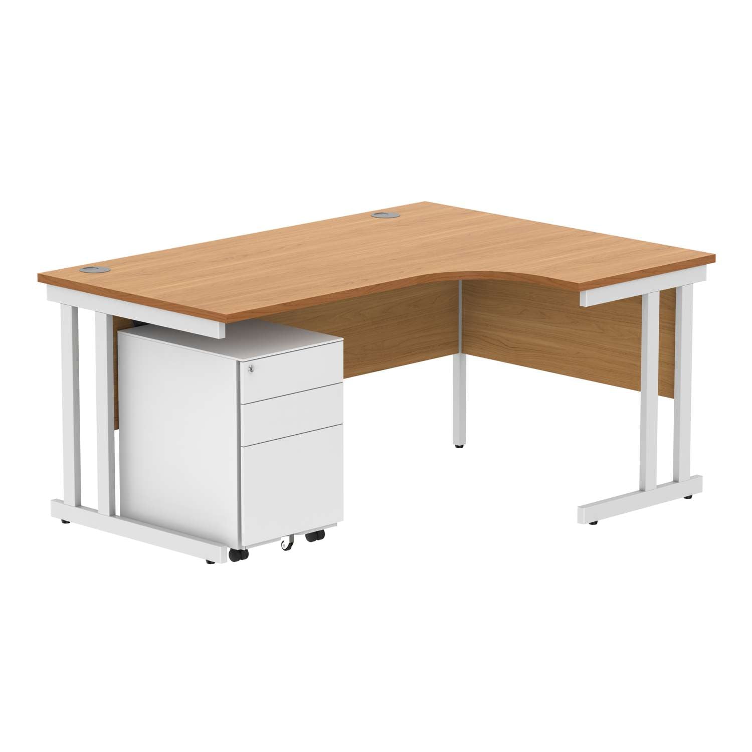 Double Upright Right Hand Radial Desk + Under Desk Steel Pedestal 3 Drawers (FSC) | 1600X1200 | Norwegian Beech/White
