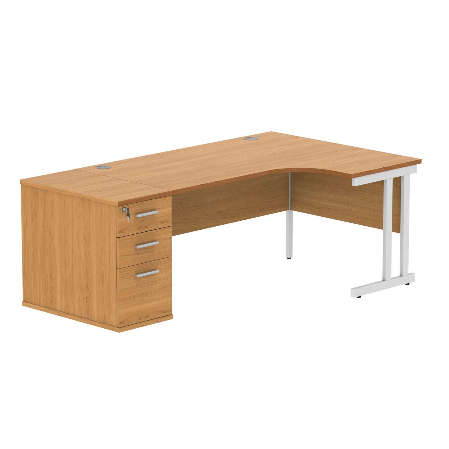 Double Upright Right Hand Radial Desk + Desk High Pedestal (FSC) | 800mm Deep Pedestal | 1600X1200 | Norwegian Beech/White