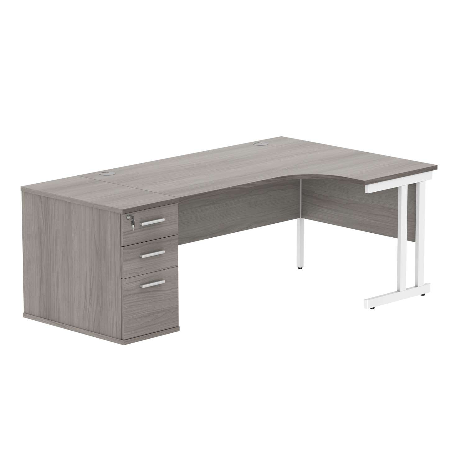 Double Upright Right Hand Radial Desk + Desk High Pedestal (FSC) | 800mm Deep Pedestal | 1600X1200 | Alaskan Grey Oak/White