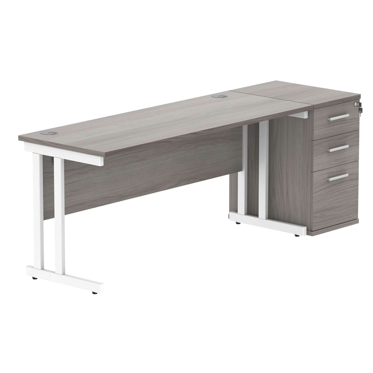 Double Upright Rectangular Desk + Desk High Pedestal (FSC) | 1600X600 | Alaskan Grey Oak/White