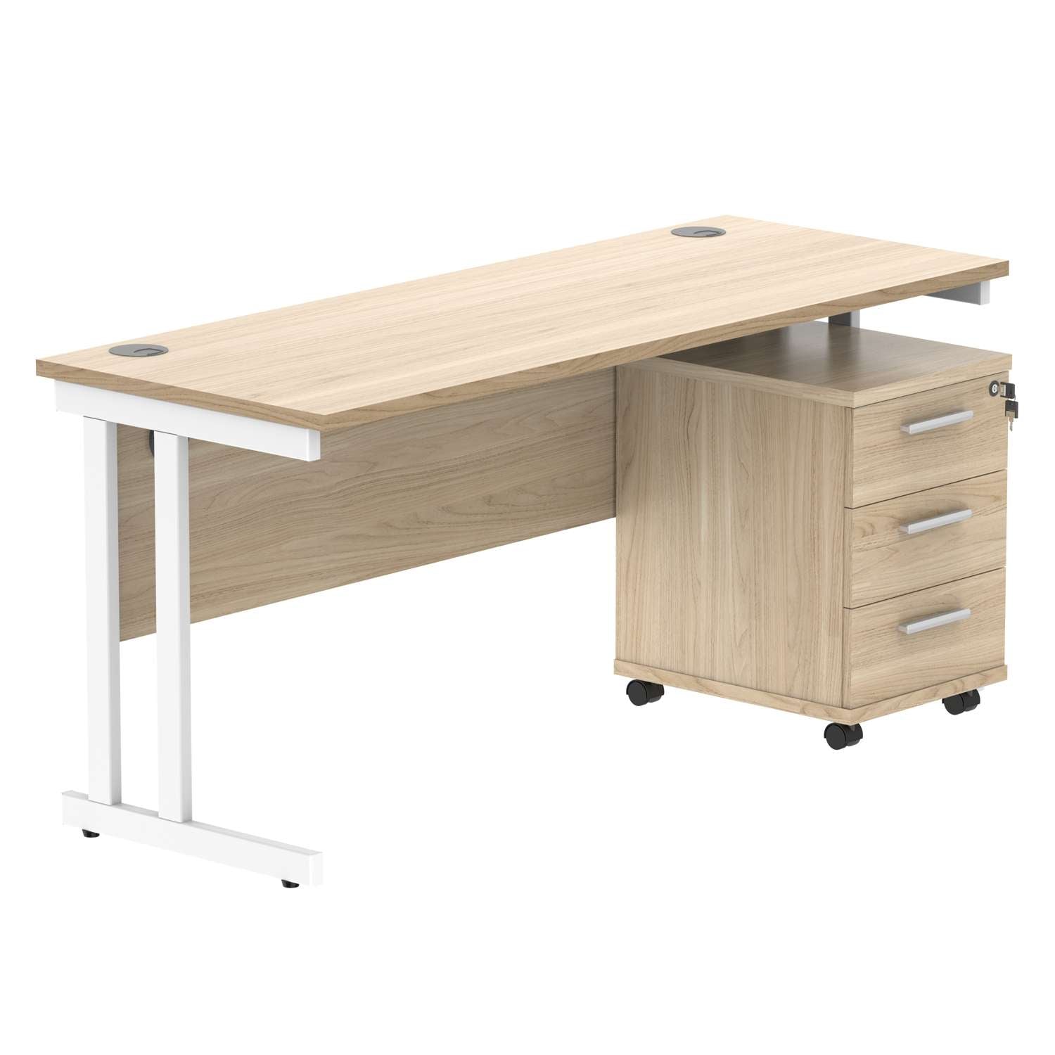Double Upright Rectangular Desk + 3 Drawer Mobile Under Desk Pedestal (FSC) | 1600X600 | Canadian Oak/White
