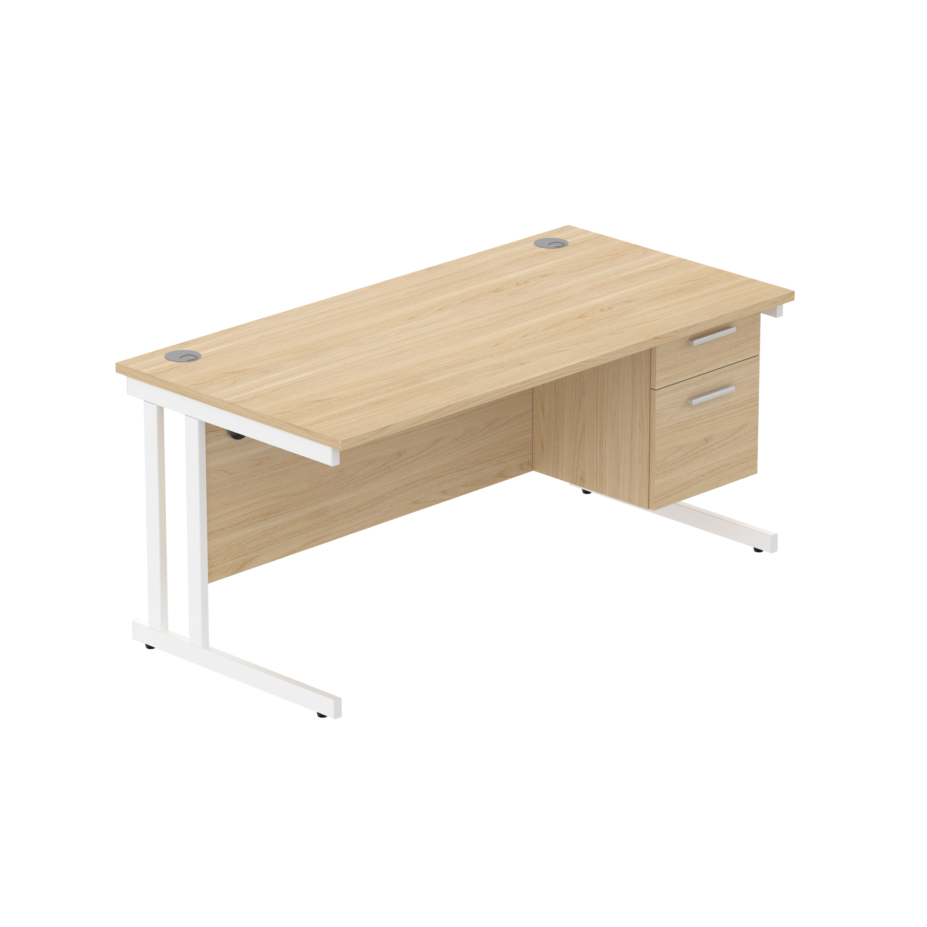 Office Rectangular Desk with Steel Double Upright Cantilever Legs + 2 Drawer Fixed Pedestal (FSC) | 1600X800 | Canadian Oak/White