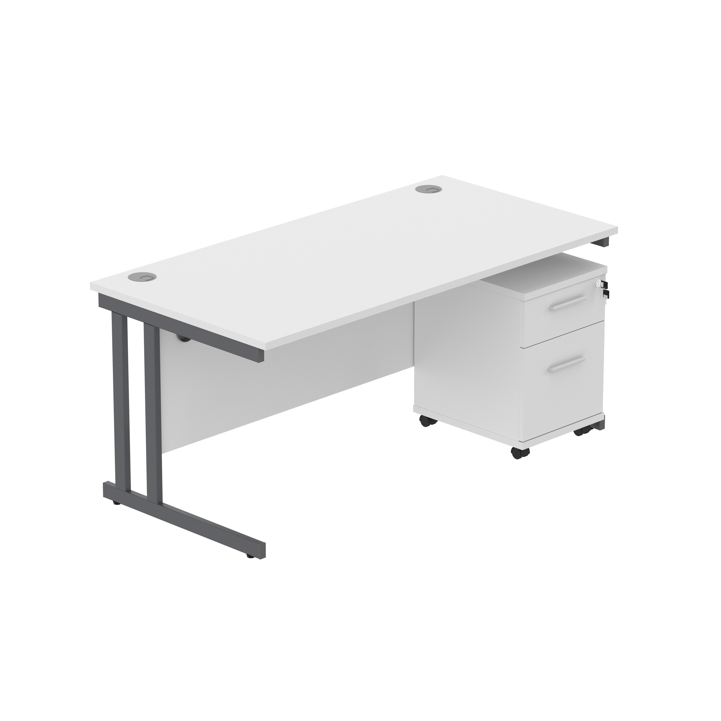 Double Upright Rectangular Desk + 2 Drawer Mobile Under Desk Pedestal (FSC) | 1600X800 | Arctic White/Graphite