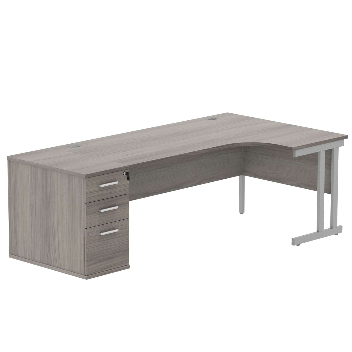 Double Upright Right Hand Radial Desk + Desk High Pedestal (FSC) | 800mm Deep Pedestal | 1800X1200 | Alaskan Grey Oak/Silver