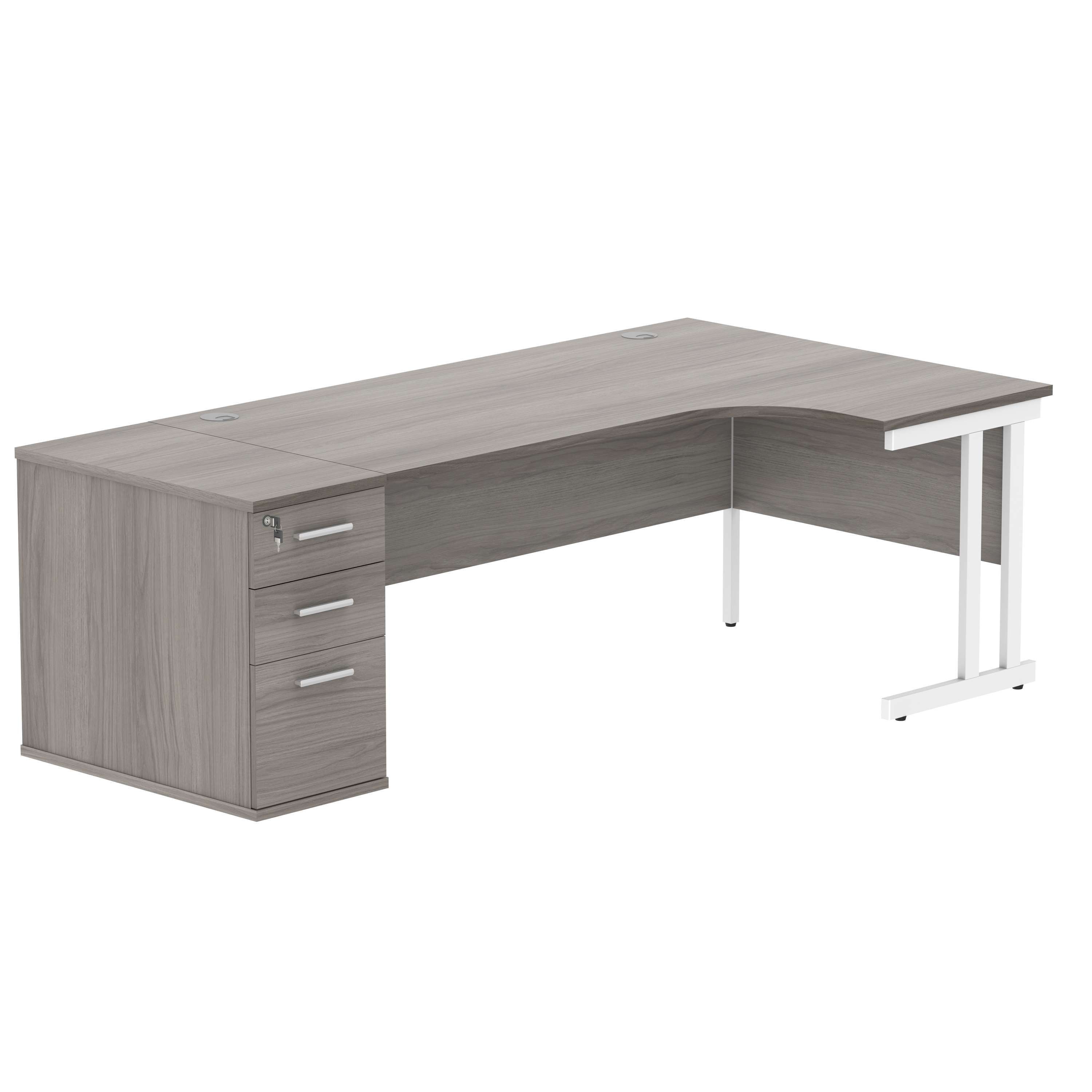 Double Upright Right Hand Radial Desk + Desk High Pedestal (FSC) | 800mm Deep Pedestal | 1800X1200 | Alaskan Grey Oak/White