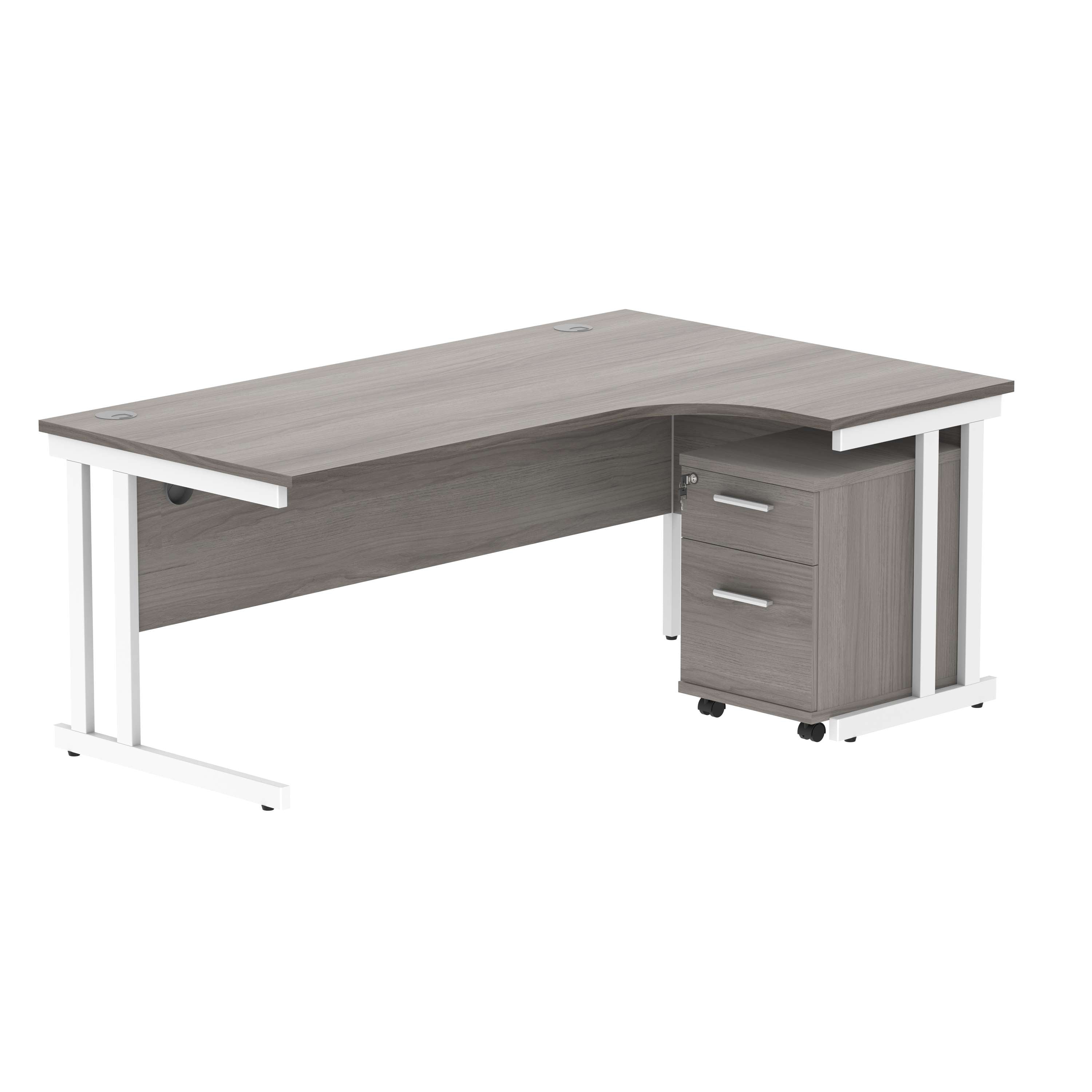 Double Upright Right Hand Radial Desk + 2 Drawer Mobile Under Desk Pedestal (FSC) | 1800X1200 | Alaskan Grey Oak/White