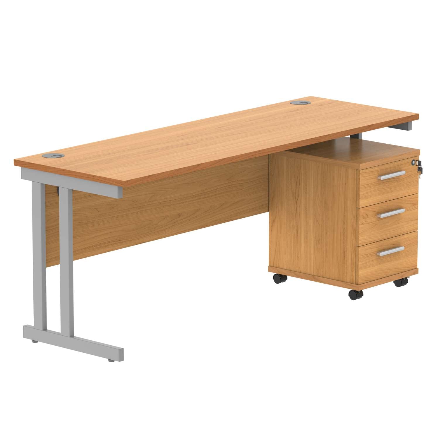 Double Upright Rectangular Desk + 3 Drawer Mobile Under Desk Pedestal (FSC) | 1800X600 | Norwegian Beech/Silver