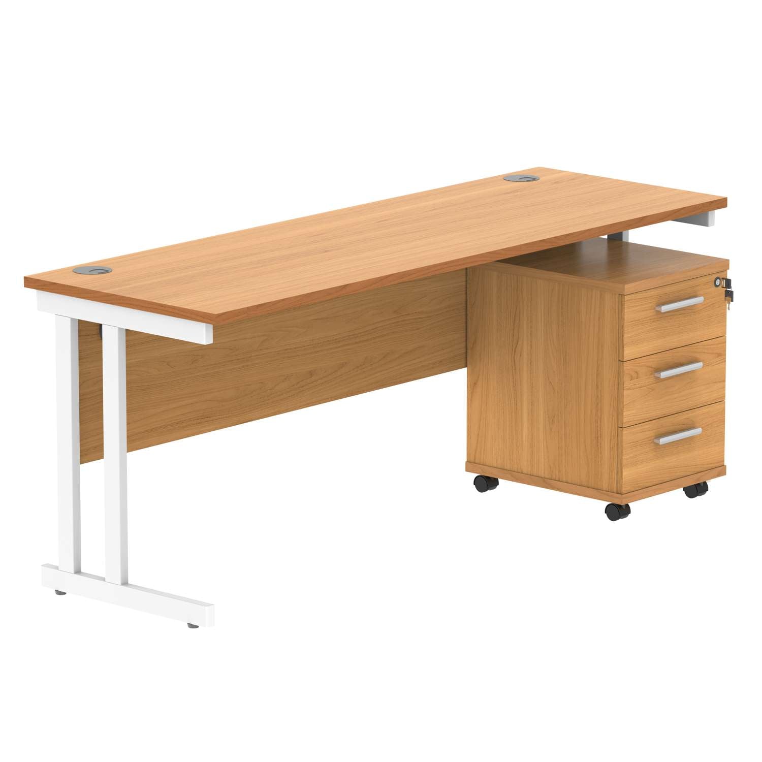 Double Upright Rectangular Desk + 3 Drawer Mobile Under Desk Pedestal (FSC) | 1800X600 | Norwegian Beech/White