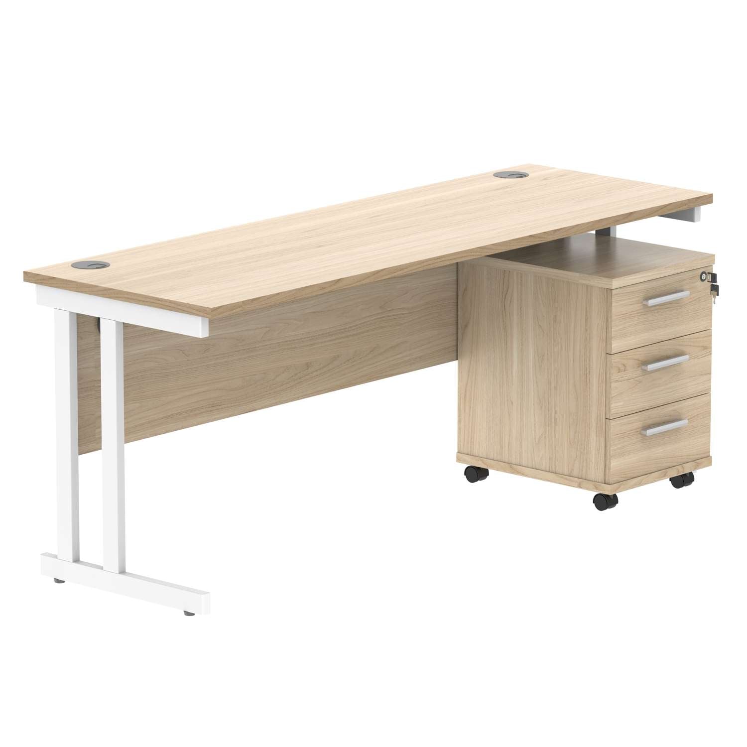 Double Upright Rectangular Desk + 3 Drawer Mobile Under Desk Pedestal (FSC) | 1800X600 | Canadian Oak/White