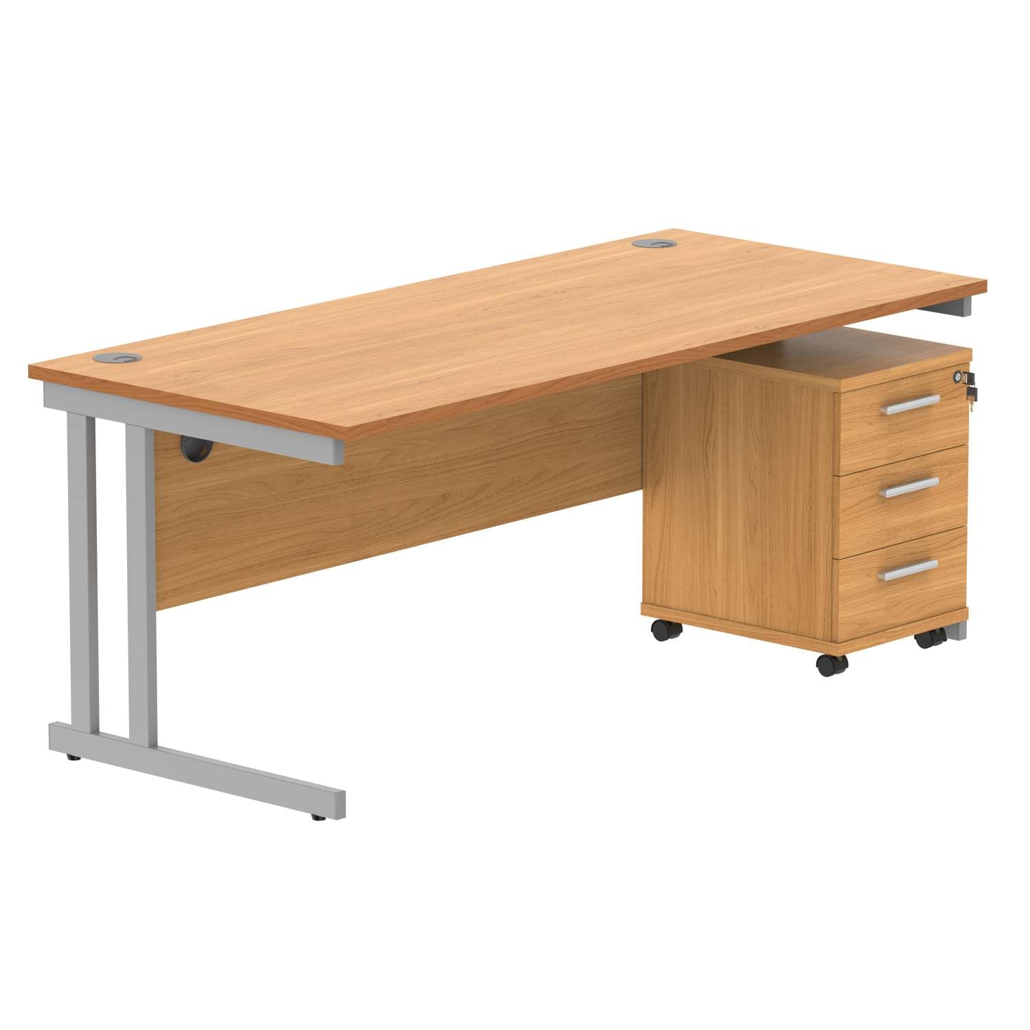 Double Upright Rectangular Desk + 3 Drawer Mobile Under Desk Pedestal (FSC) | 1800X800 | Norwegian Beech/Silver