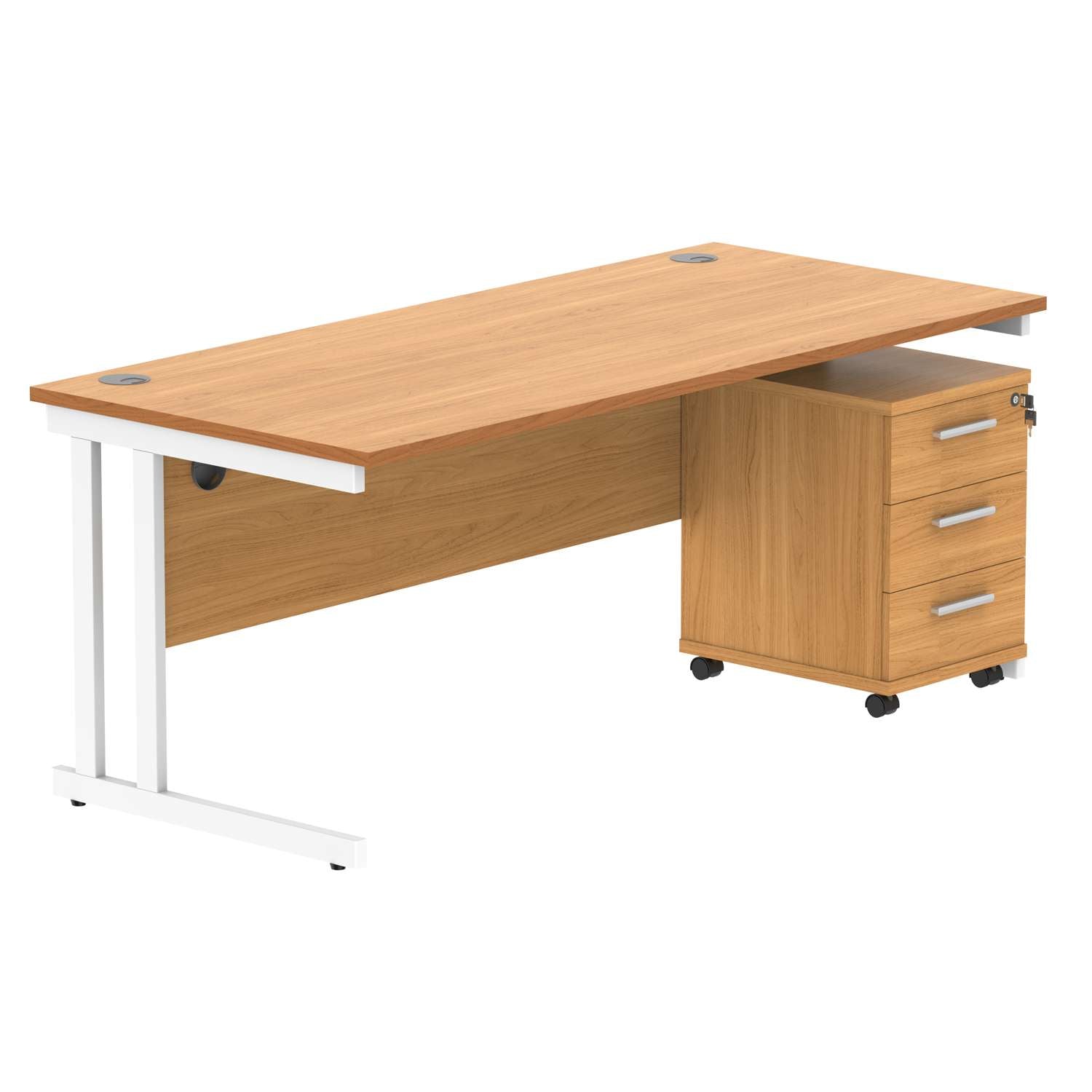 Double Upright Rectangular Desk + 3 Drawer Mobile Under Desk Pedestal (FSC) | 1800X800 | Norwegian Beech/White