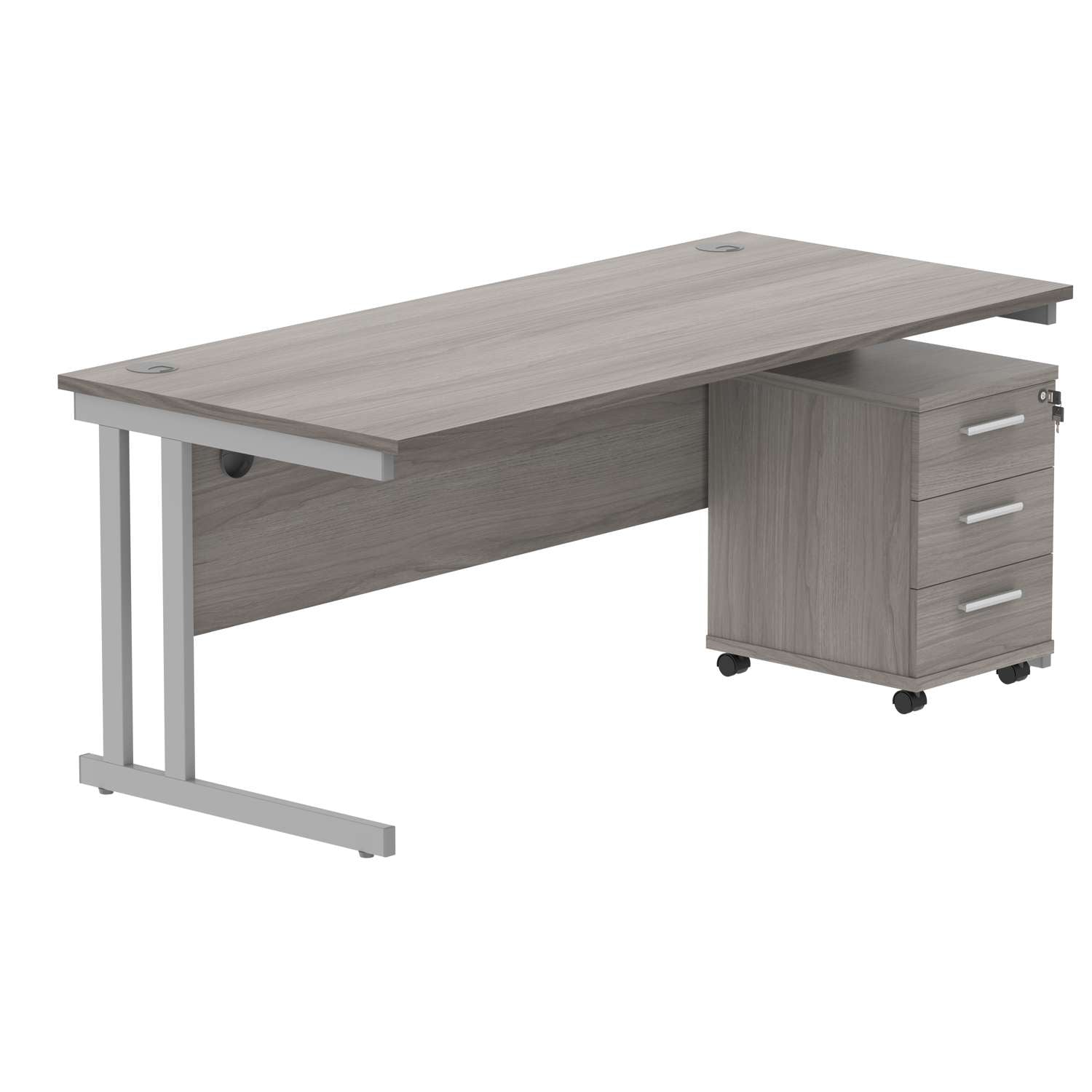 Double Upright Rectangular Desk + 3 Drawer Mobile Under Desk Pedestal (FSC) | 1800X800 | Alaskan Grey Oak/Silver