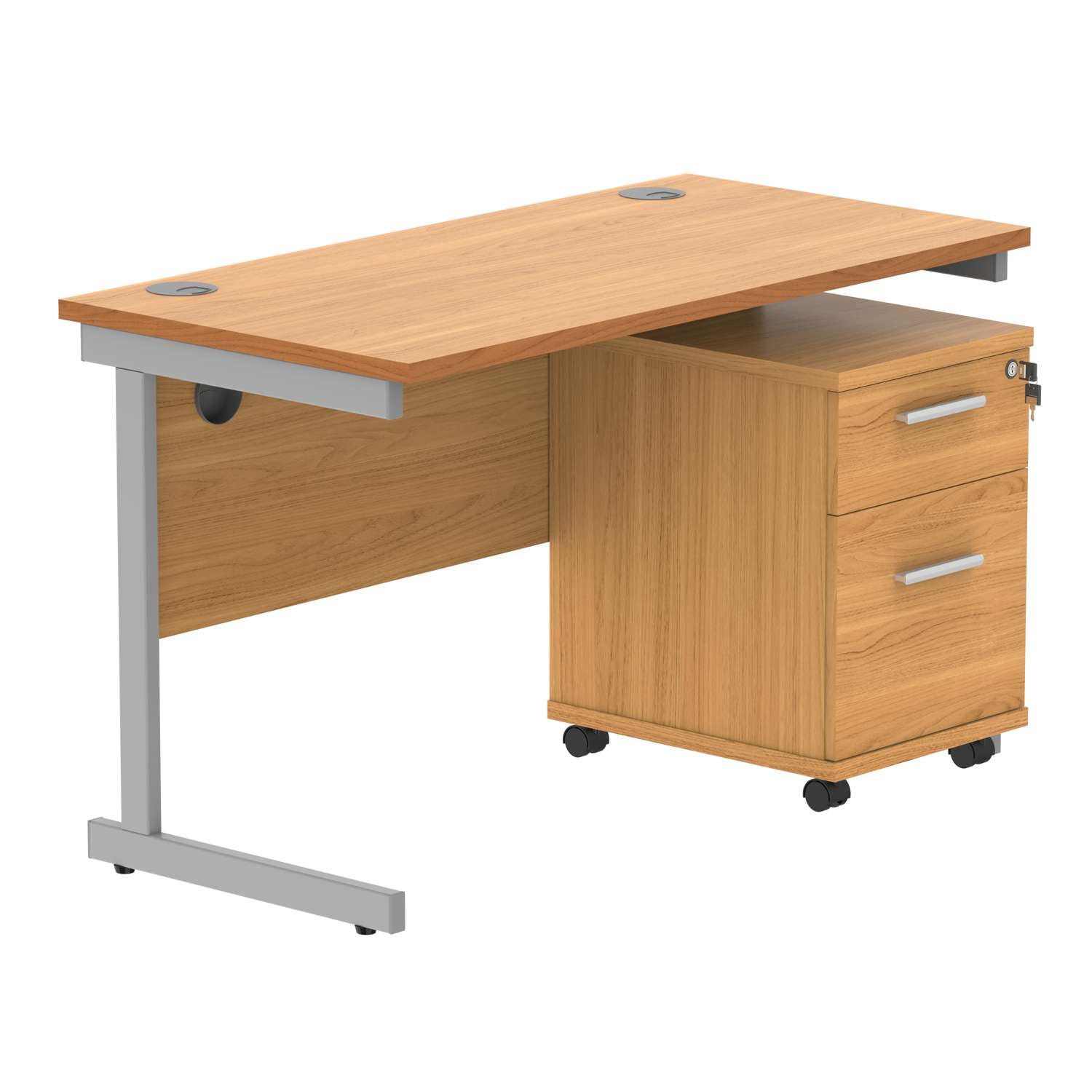 Single Upright Rectangular Desk + 2 Drawer Mobile Under Desk Pedestal (FSC) | 1200 X 600 | Norwegian Beech/Silver