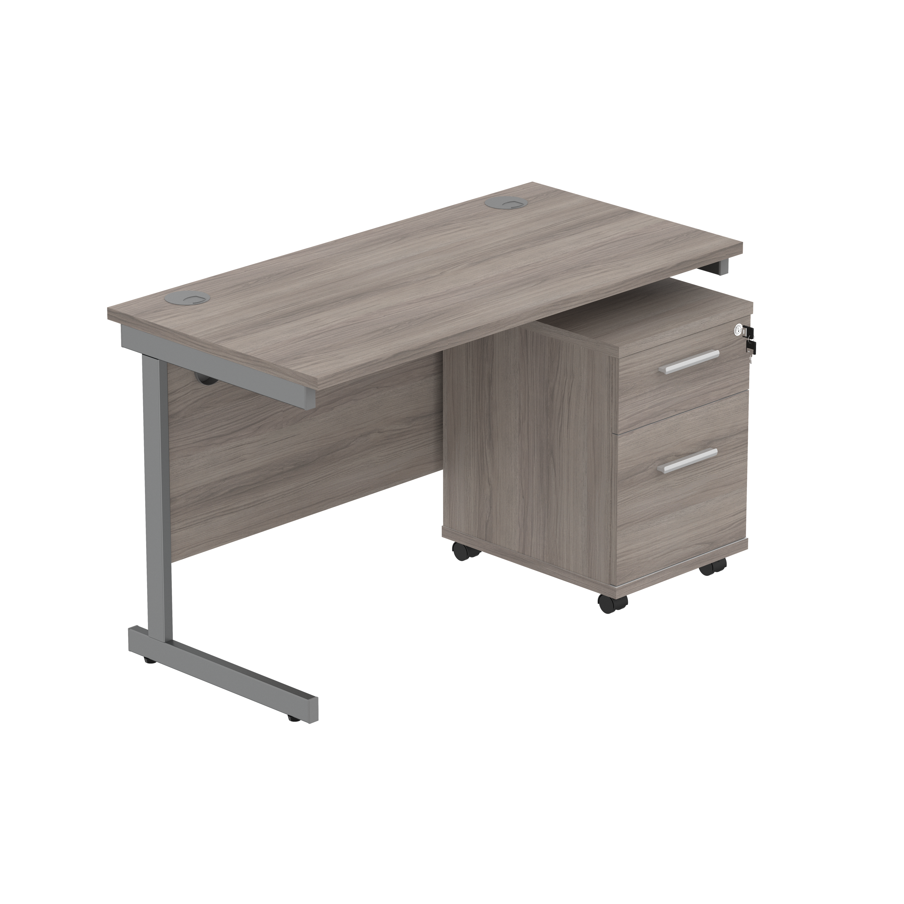 Single Upright Rectangular Desk + 2 Drawer Mobile Under Desk Pedestal (FSC) | 1200 X 600 | Alaskan Grey Oak/Graphite