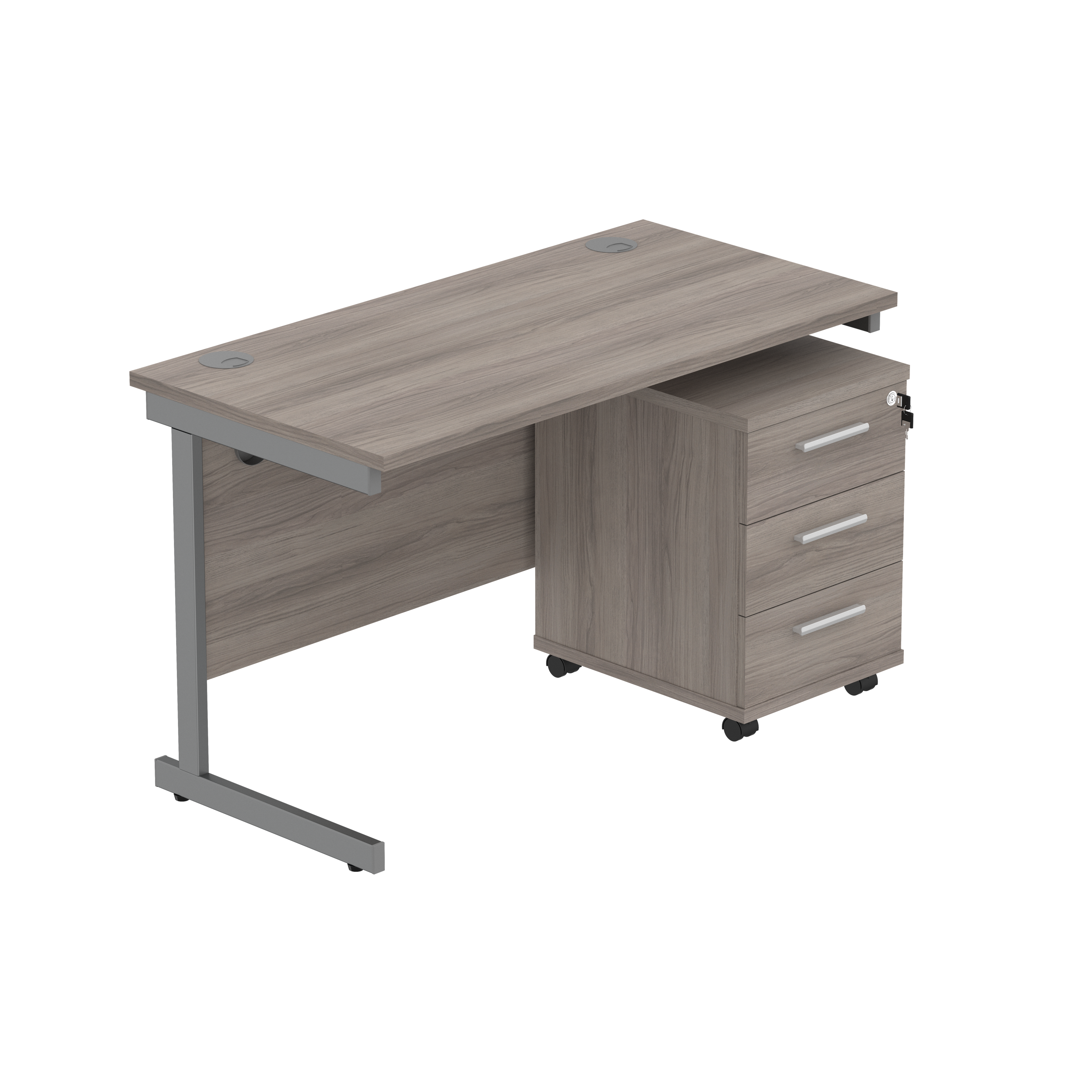 Single Upright Rectangular Desk + 3 Drawer Mobile Under Desk Pedestal (FSC) | 1200 X 600 | Alaskan Grey Oak/Graphite