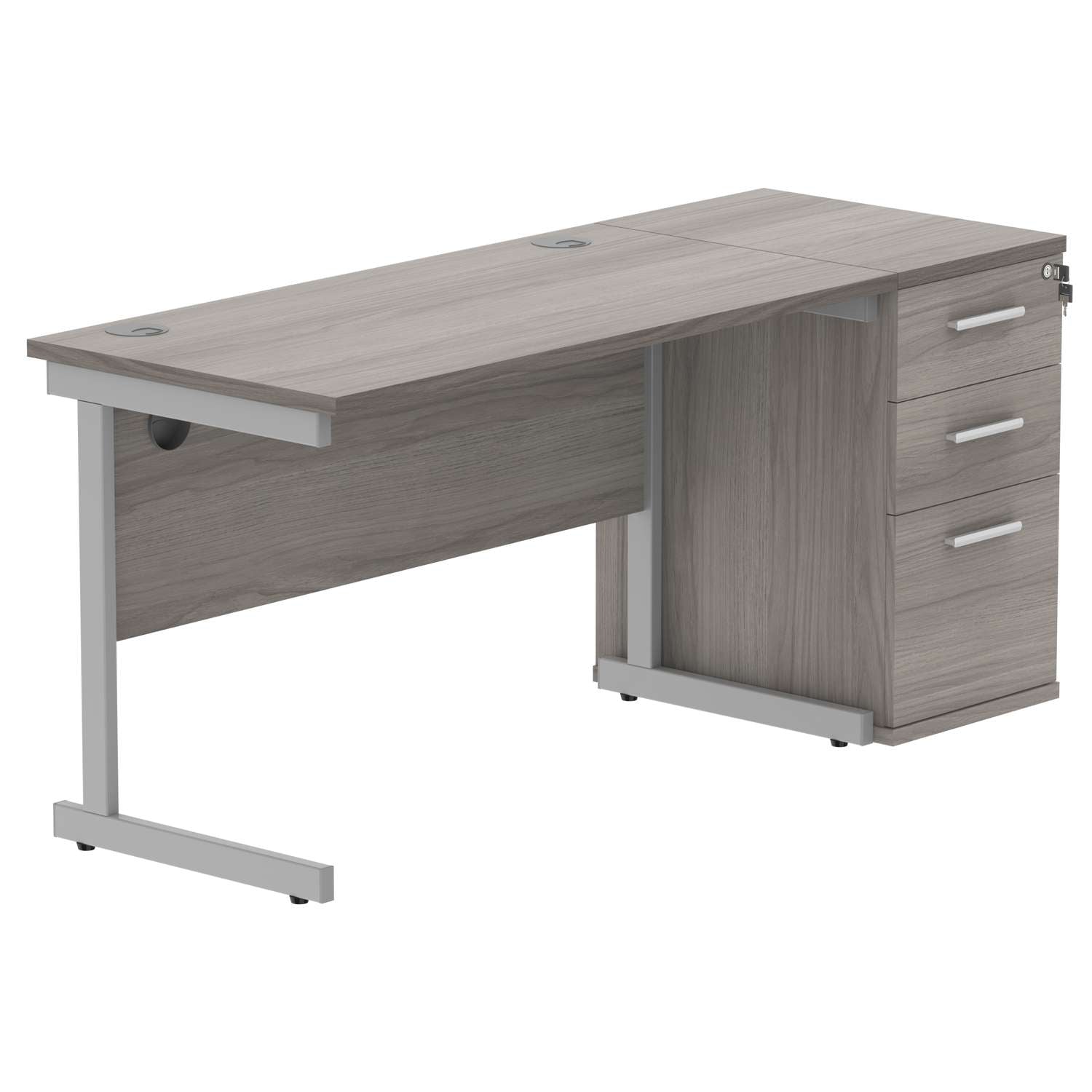 Single Upright Rectangular Desk + Desk High Pedestal (FSC) | 1200 X 600 | Alaskan Grey Oak/Silver