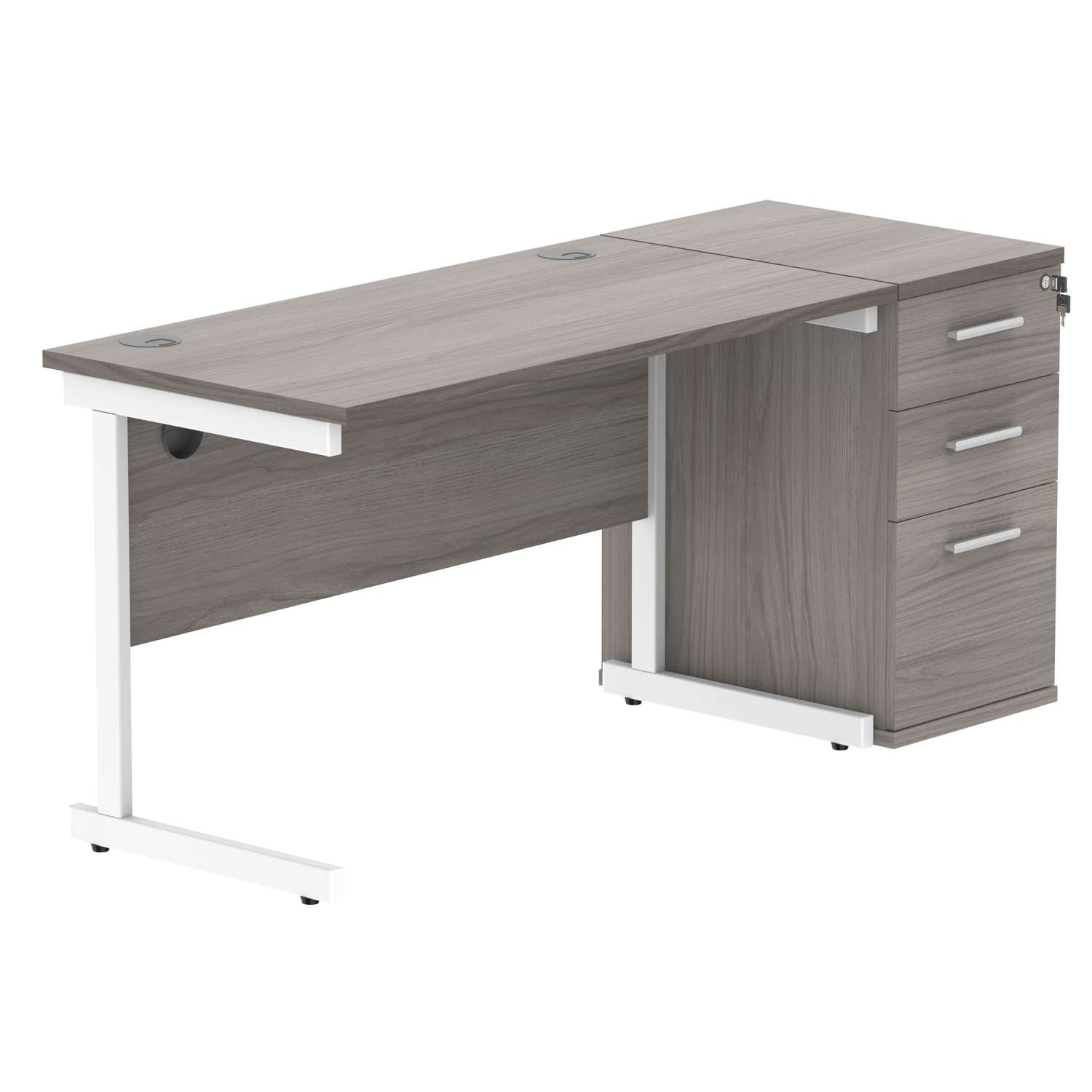 Single Upright Rectangular Desk + Desk High Pedestal (FSC) | 1200 X 600 | Alaskan Grey Oak/White
