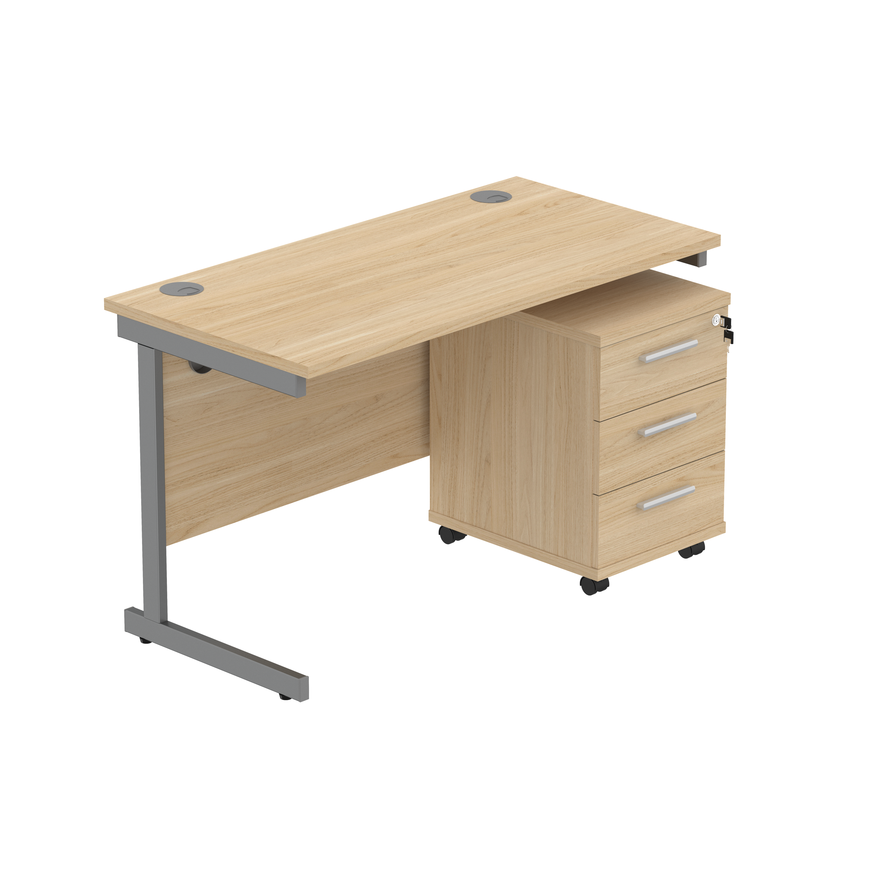 Single Upright Rectangular Desk + 3 Drawer Mobile Under Desk Pedestal (FSC) | 1200 X 600 | Canadian Oak/Graphite