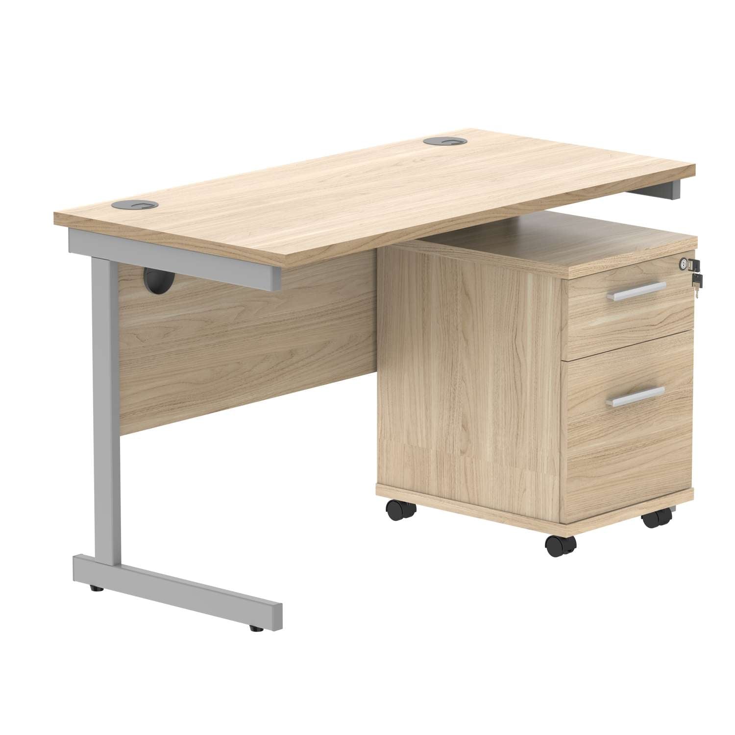 Single Upright Rectangular Desk + 2 Drawer Mobile Under Desk Pedestal (FSC) | 1200 X 600 | Canadian Oak/Silver