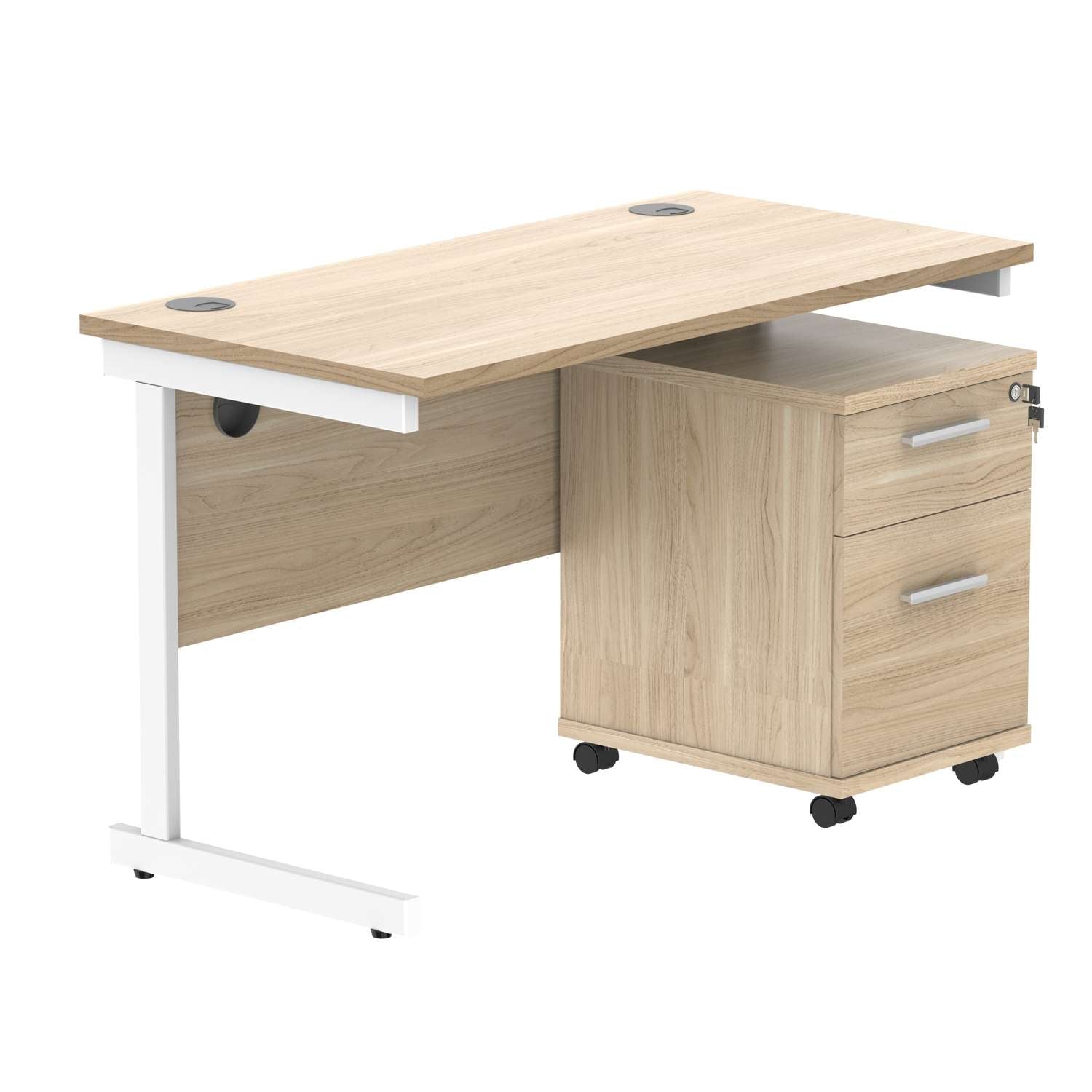 Single Upright Rectangular Desk + 2 Drawer Mobile Under Desk Pedestal (FSC) | 1200 X 600 | Canadian Oak/White