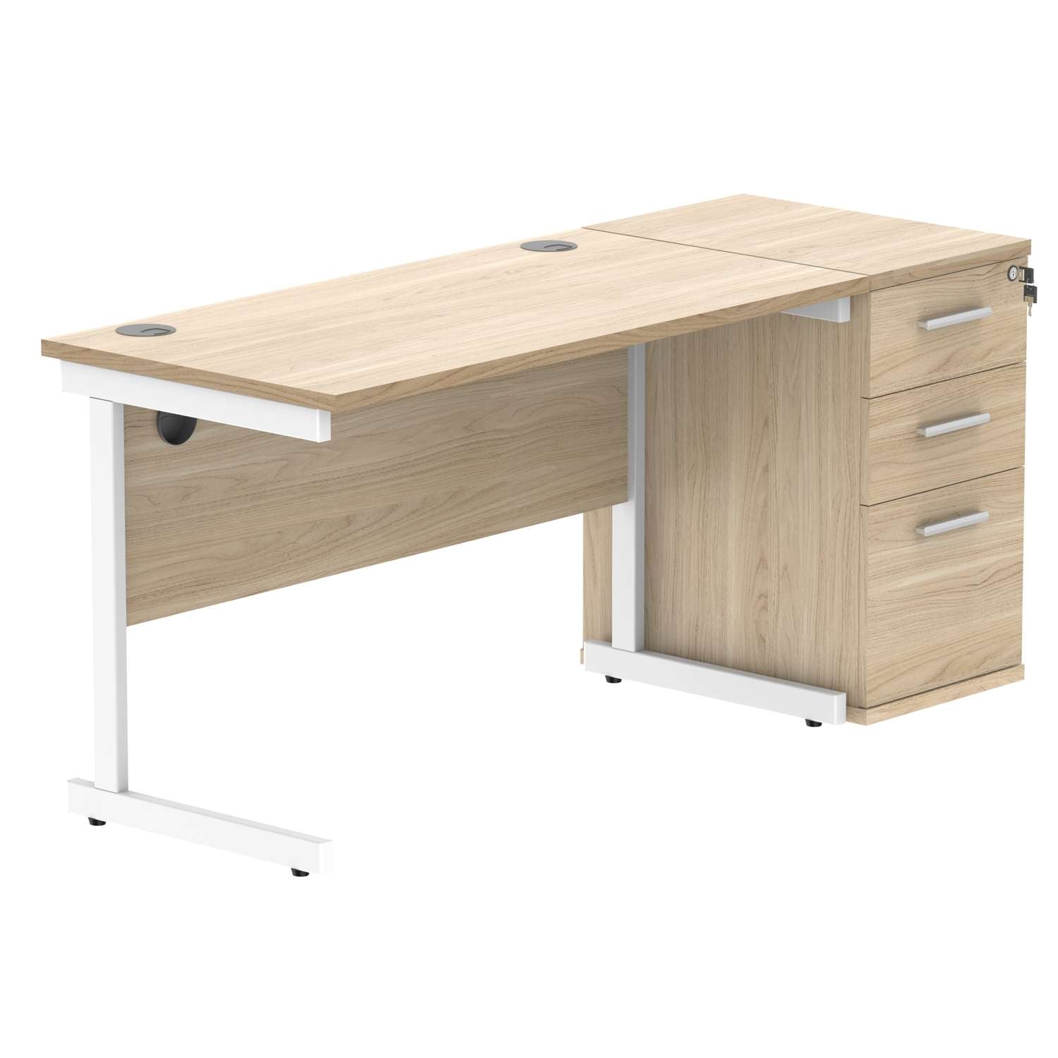 Single Upright Rectangular Desk + Desk High Pedestal (FSC) | 1200 X 600 | Canadian Oak/White