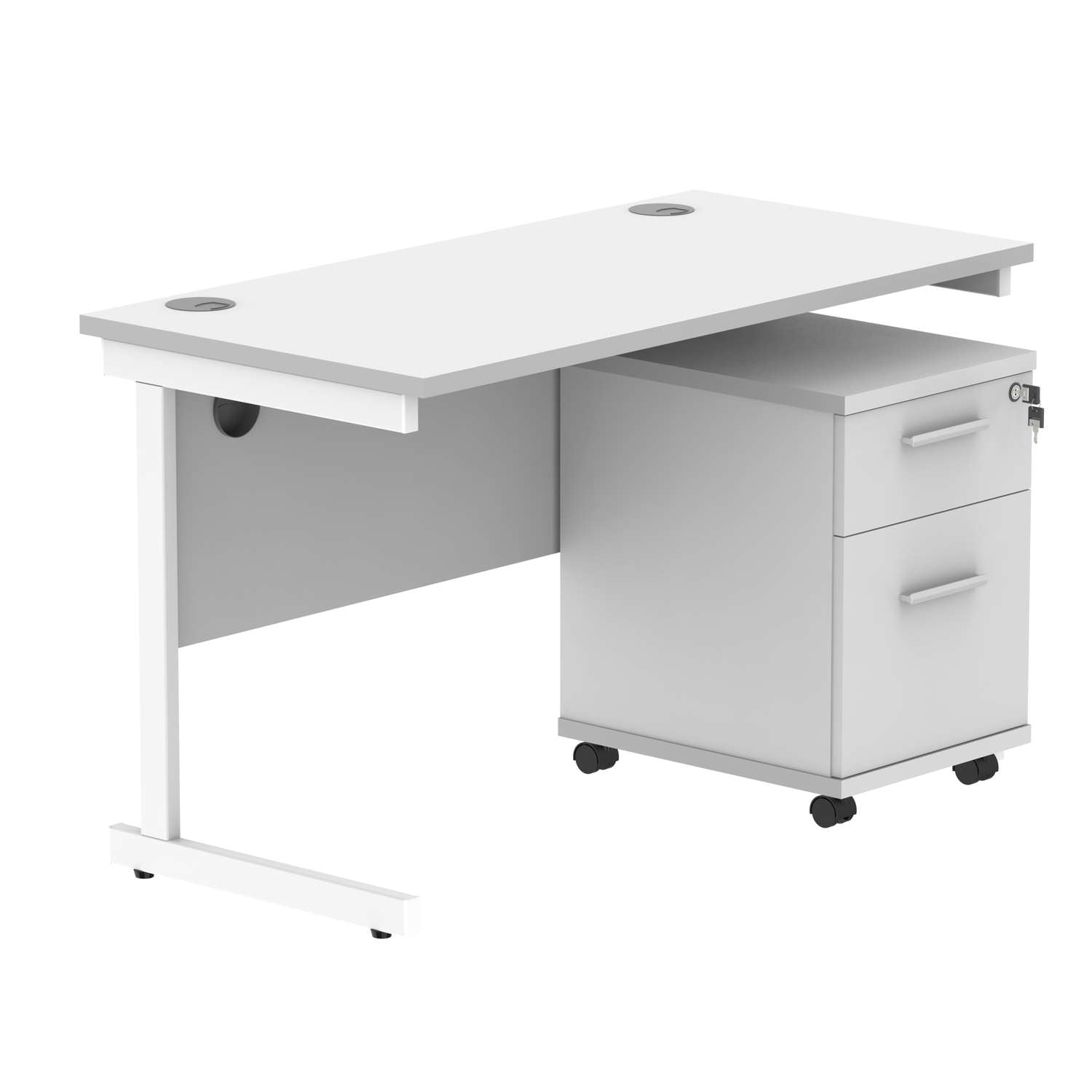 Single Upright Rectangular Desk + 2 Drawer Mobile Under Desk Pedestal (FSC) | 1200 X 600 | Arctic White/White