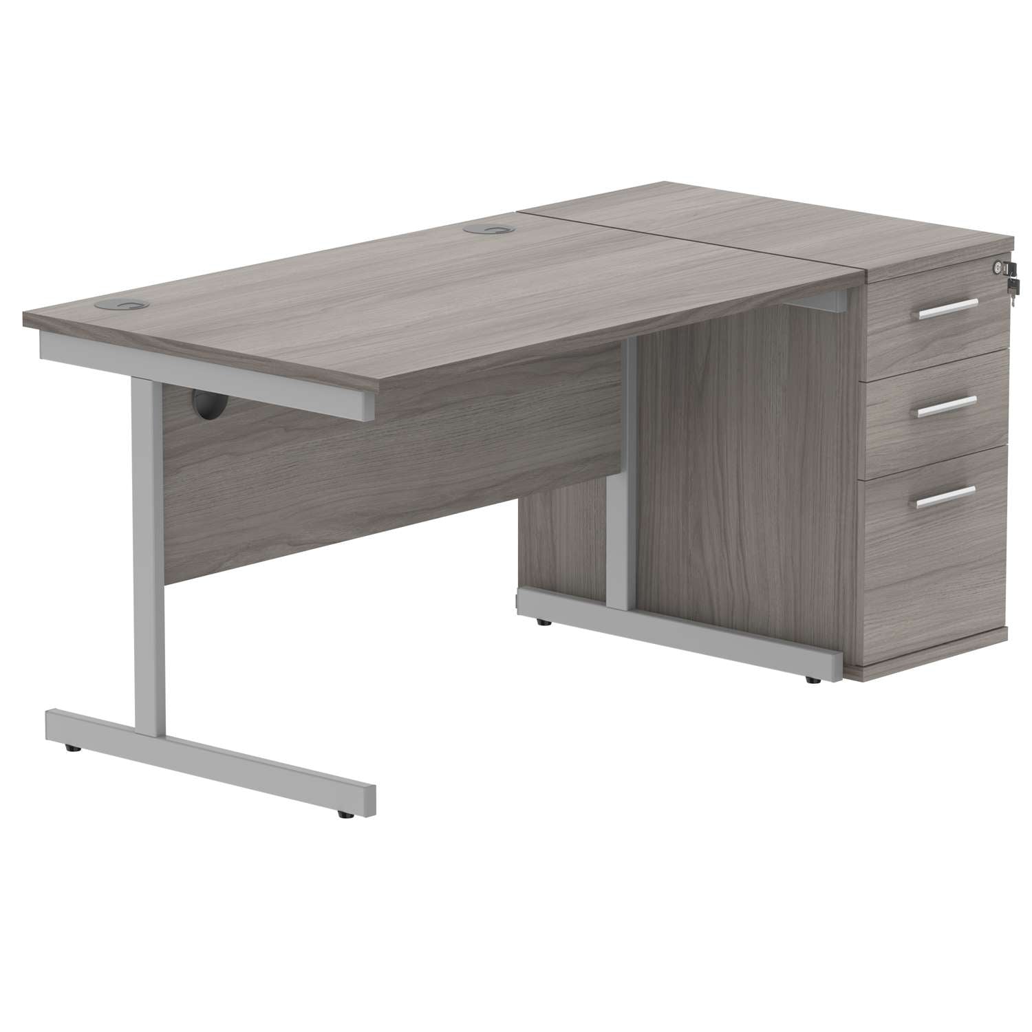 Single Upright Rectangular Desk + Desk High Pedestal (FSC) | 1200 X 800 | Alaskan Grey Oak/Silver