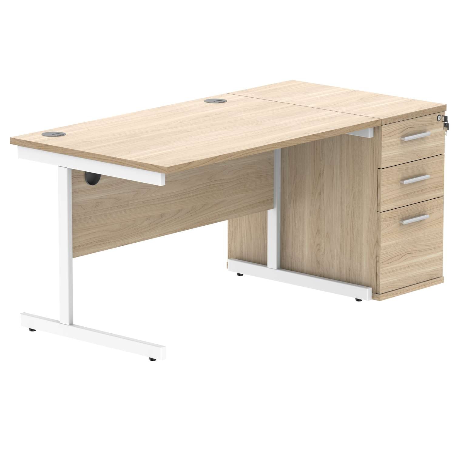 Single Upright Rectangular Desk + Desk High Pedestal (FSC) | 1200 X 800 | Canadian Oak/White