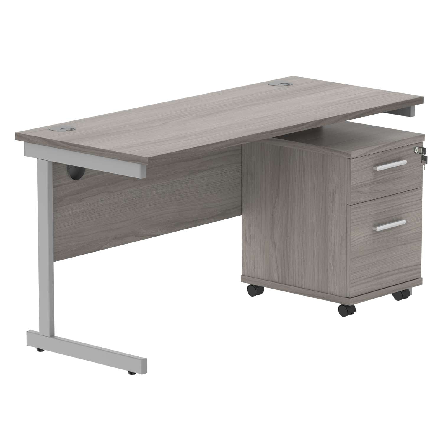 Single Upright Rectangular Desk + 2 Drawer Mobile Under Desk Pedestal (FSC) | 1400 X 600 | Alaskan Grey Oak/Silver