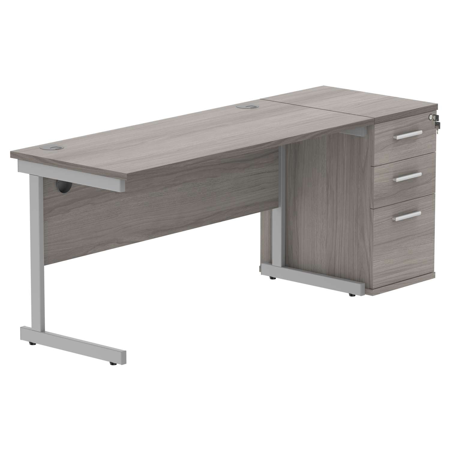 Single Upright Rectangular Desk + Desk High Pedestal (FSC) | 1400 X 600 | Alaskan Grey Oak/Silver
