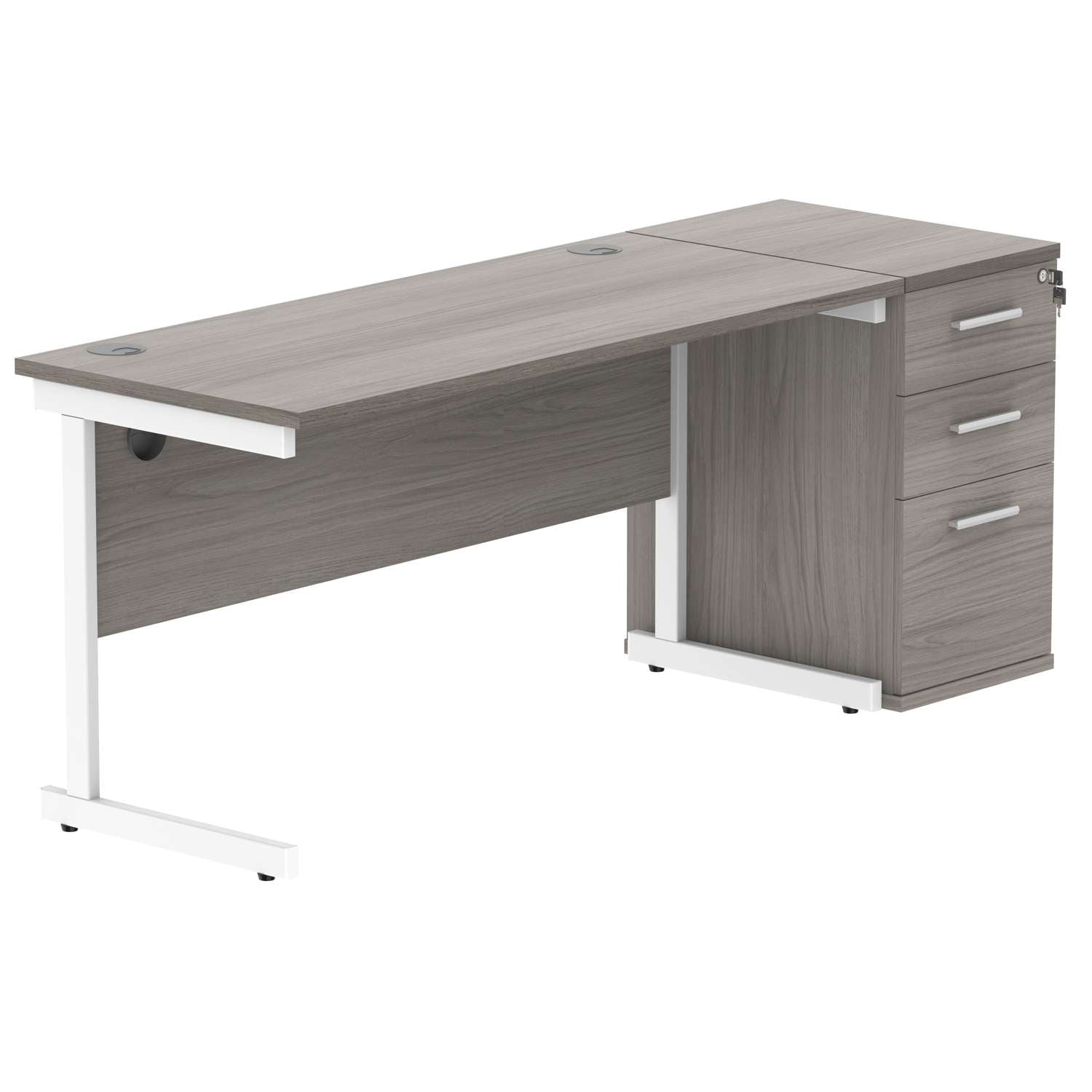 Single Upright Rectangular Desk + Desk High Pedestal (FSC) | 1400 X 600 | Alaskan Grey Oak/White