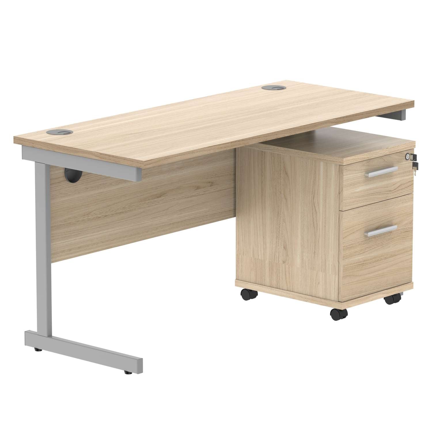 Single Upright Rectangular Desk + 2 Drawer Mobile Under Desk Pedestal (FSC) | 1400 X 600 | Canadian Oak/Silver