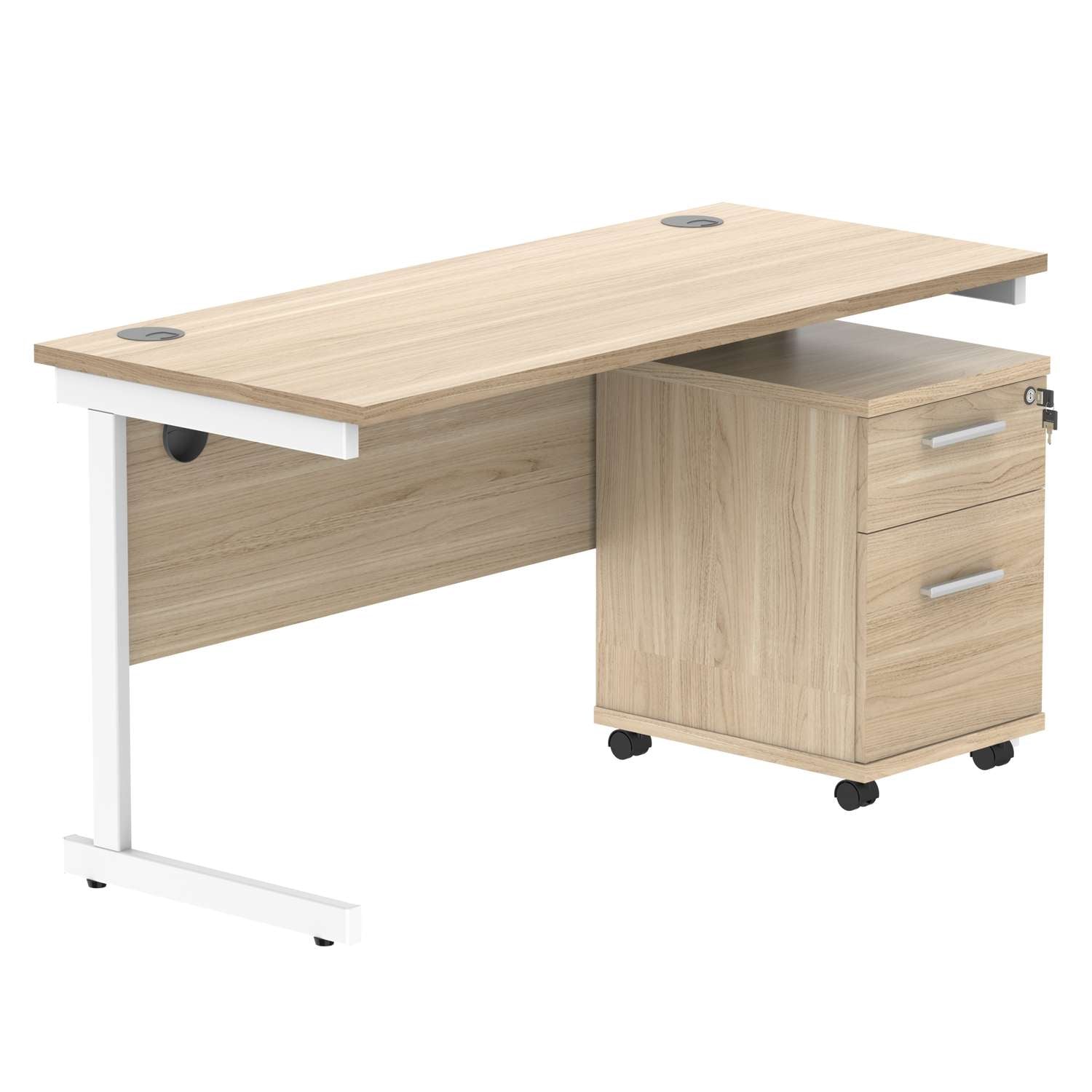 Single Upright Rectangular Desk + 2 Drawer Mobile Under Desk Pedestal (FSC) | 1400 X 600 | Canadian Oak/White