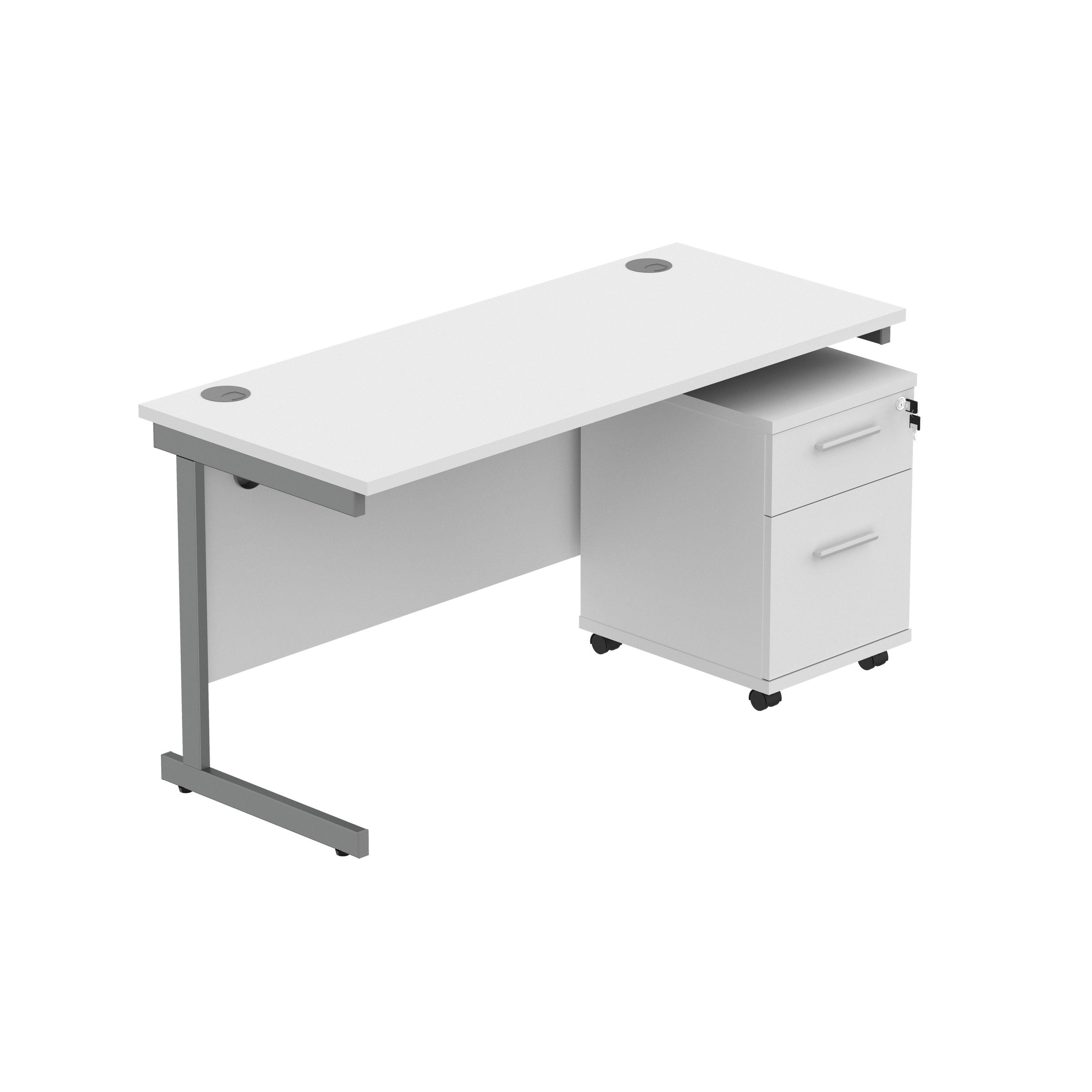 Single Upright Rectangular Desk + 2 Drawer Mobile Under Desk Pedestal (FSC) | 1400 X 600 | Arctic White/Graphite