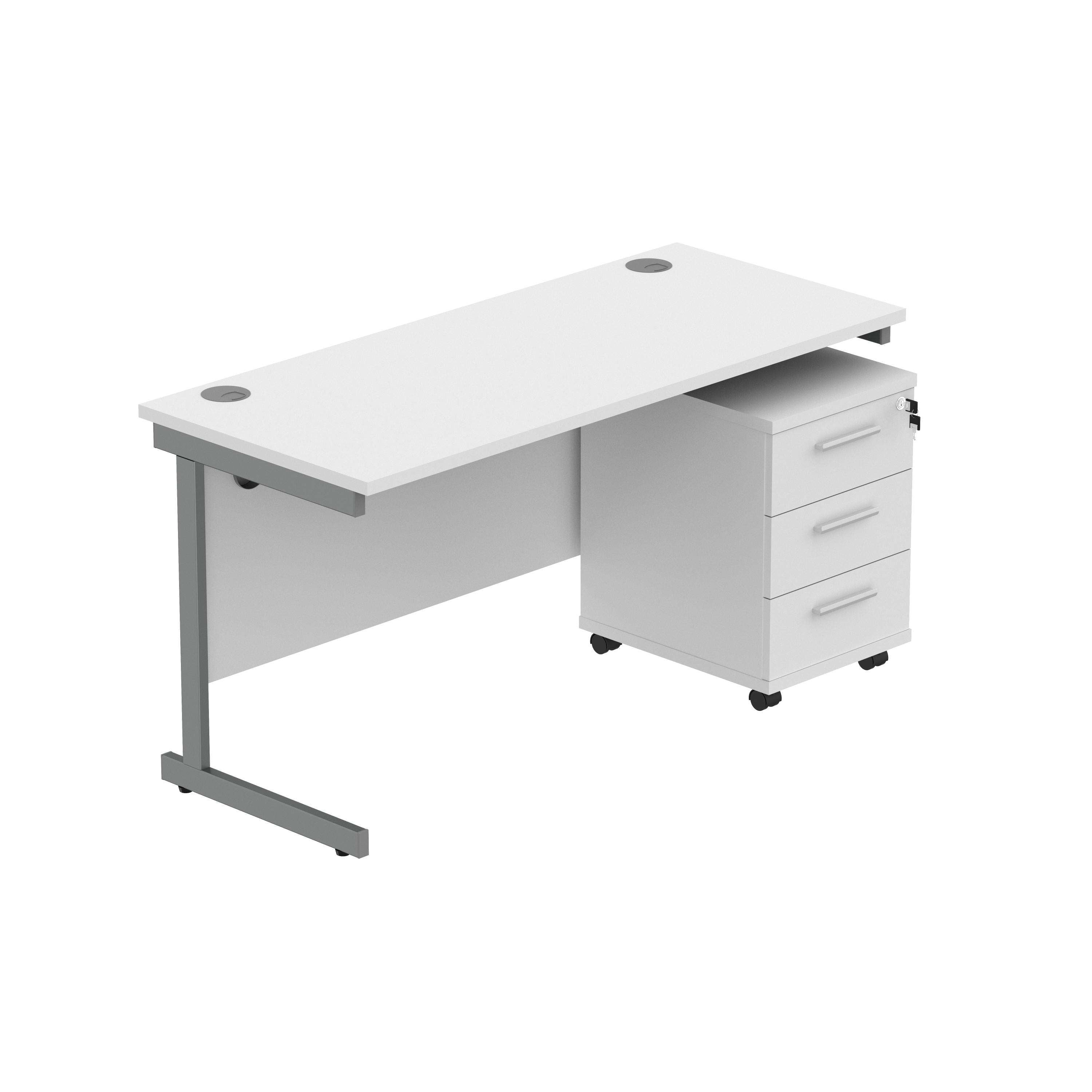 Single Upright Rectangular Desk + 3 Drawer Mobile Under Desk Pedestal (FSC) | 1400 X 600 | Arctic White/Graphite
