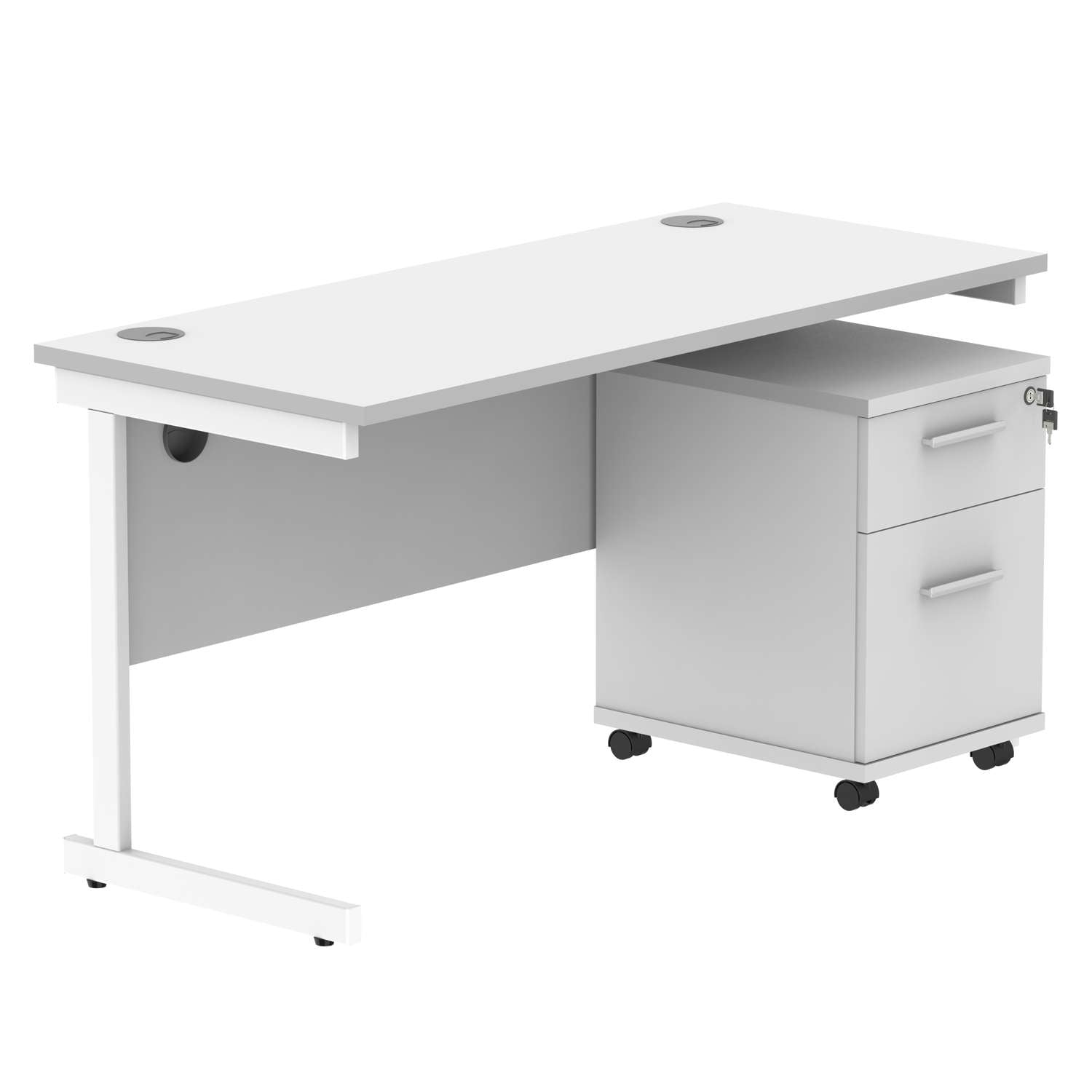 Single Upright Rectangular Desk + 2 Drawer Mobile Under Desk Pedestal (FSC) | 1400 X 600 | Arctic White/White